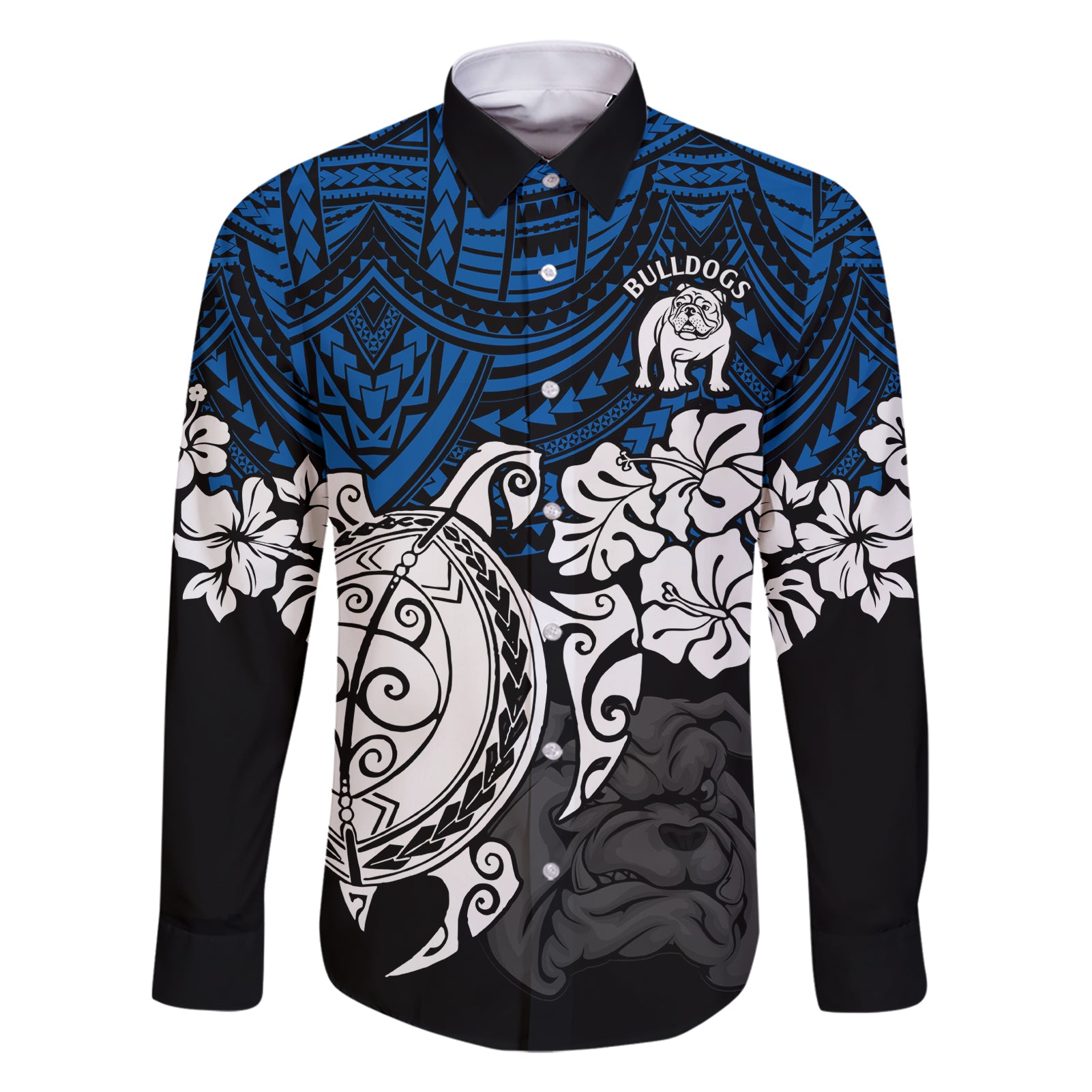 custom-bulldogs-rugby-family-matching-short-sleeve-bodycon-dress-and-hawaiian-shirt-berries-hibiscus-and-turtle-with-polynesian-pattern