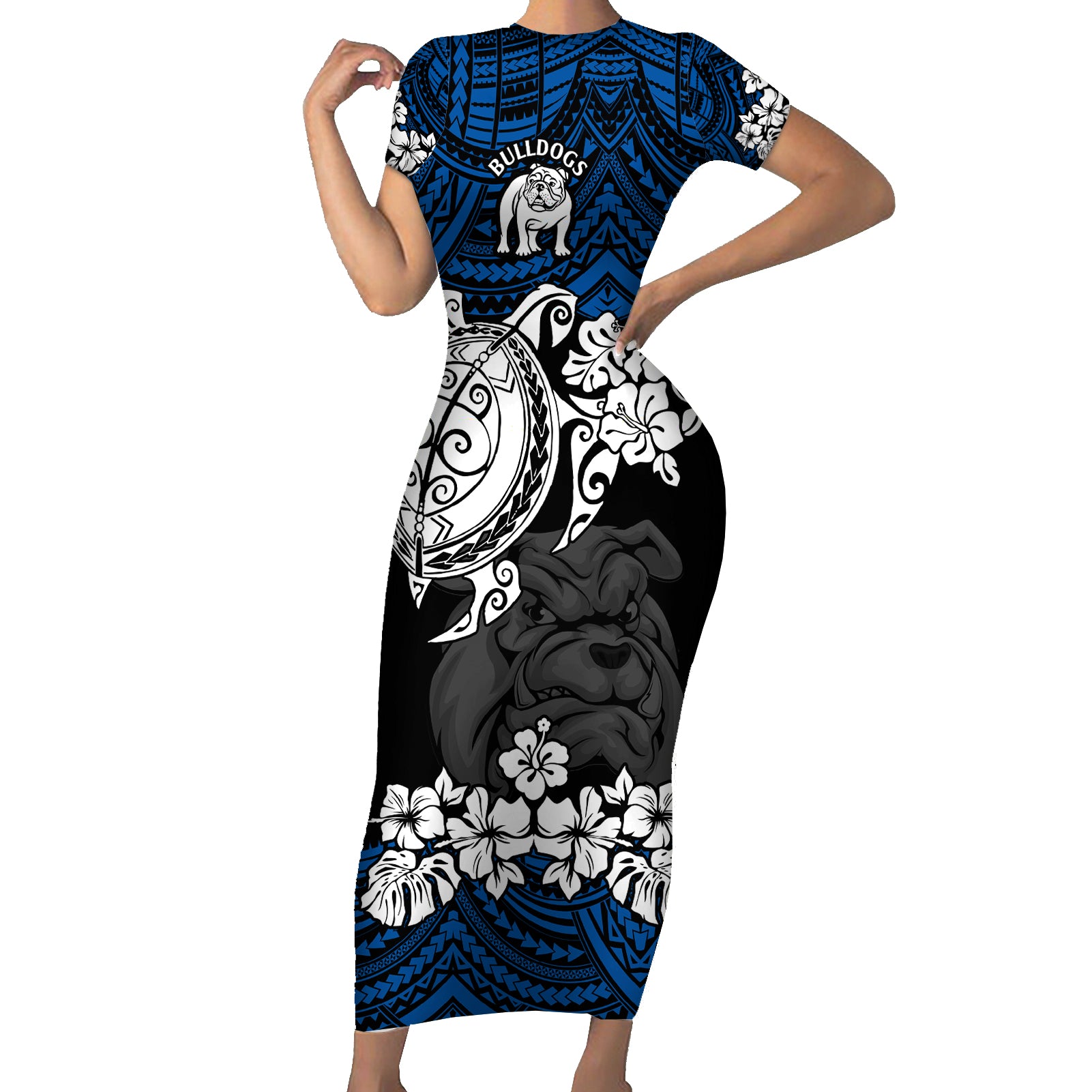 custom-bulldogs-rugby-family-matching-short-sleeve-bodycon-dress-and-hawaiian-shirt-berries-hibiscus-and-turtle-with-polynesian-pattern