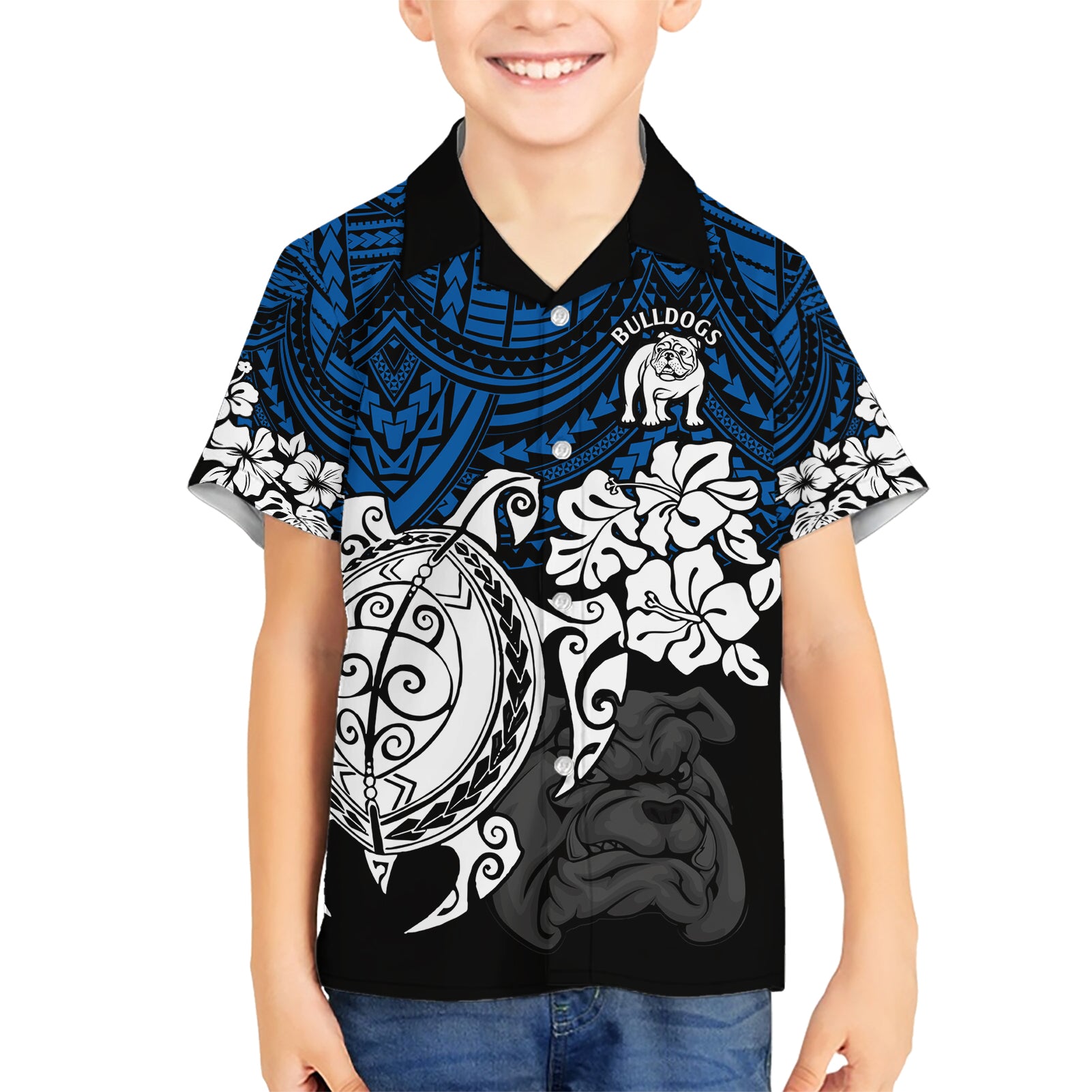 custom-bulldogs-rugby-family-matching-short-sleeve-bodycon-dress-and-hawaiian-shirt-berries-hibiscus-and-turtle-with-polynesian-pattern