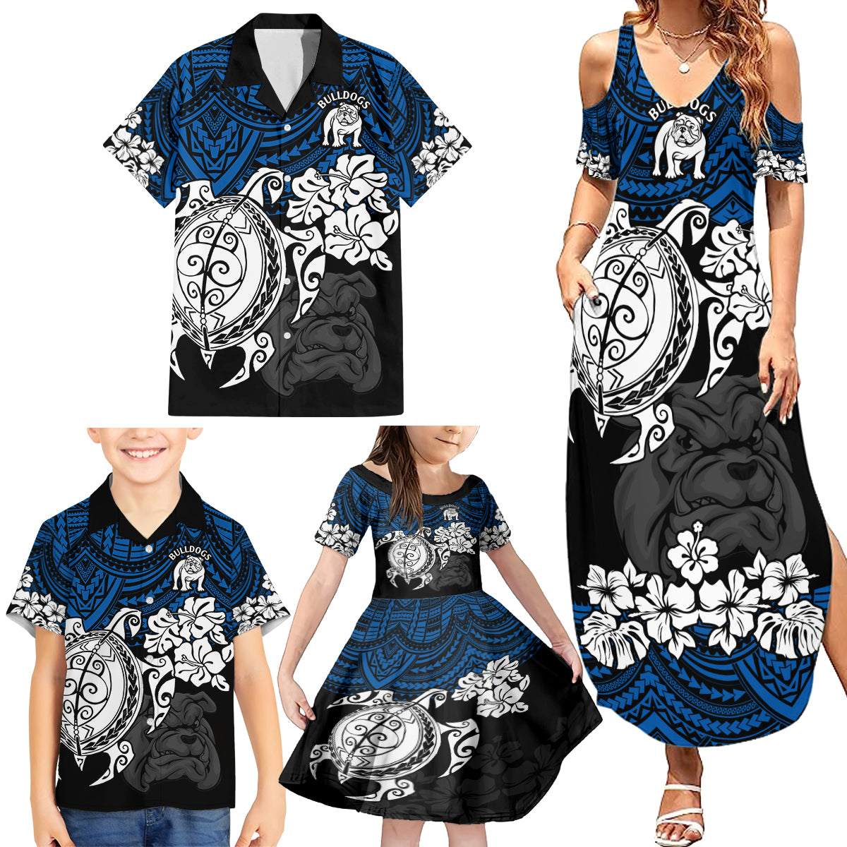 custom-bulldogs-rugby-family-matching-summer-maxi-dress-and-hawaiian-shirt-berries-hibiscus-and-turtle-with-polynesian-pattern