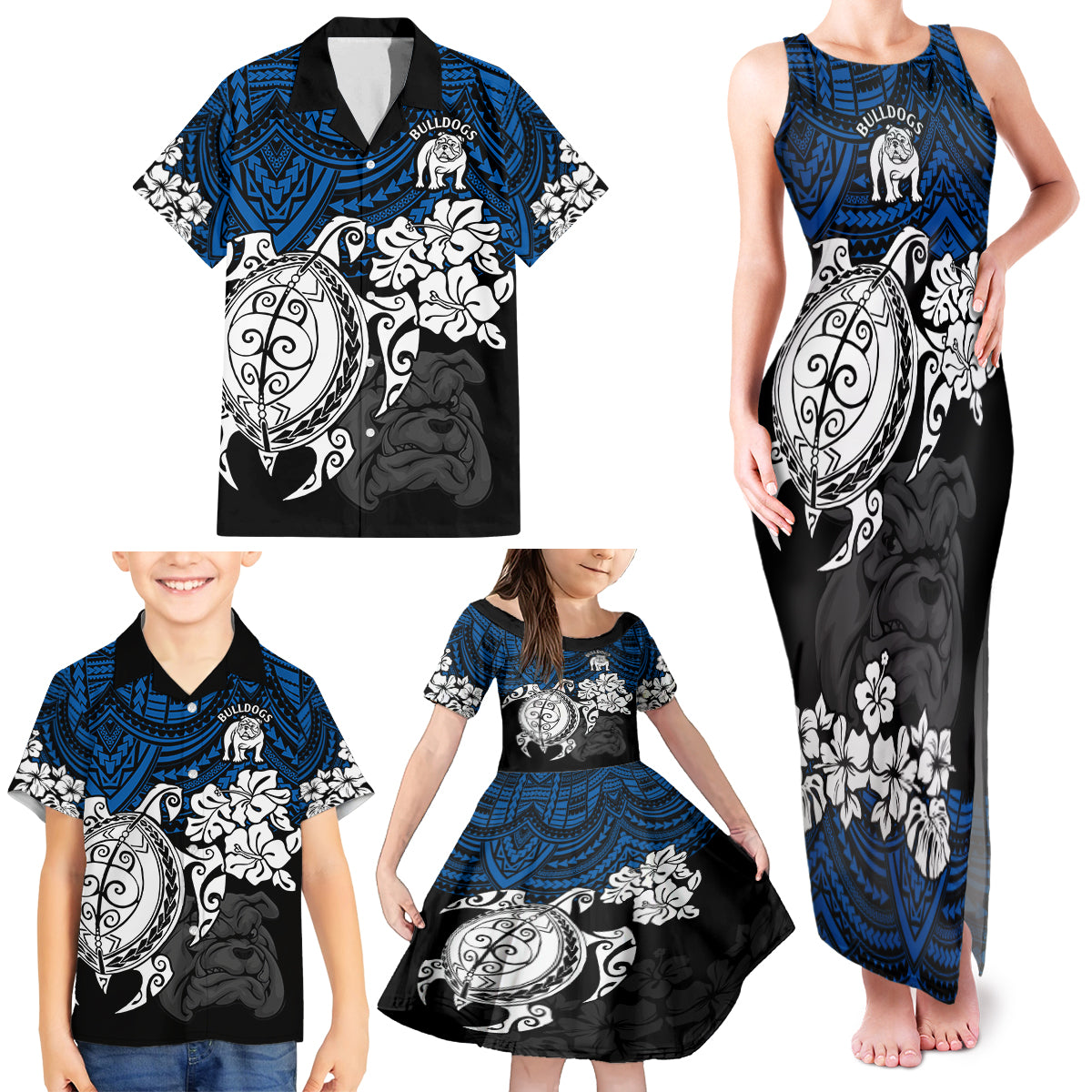 custom-bulldogs-rugby-family-matching-tank-maxi-dress-and-hawaiian-shirt-berries-hibiscus-and-turtle-with-polynesian-pattern