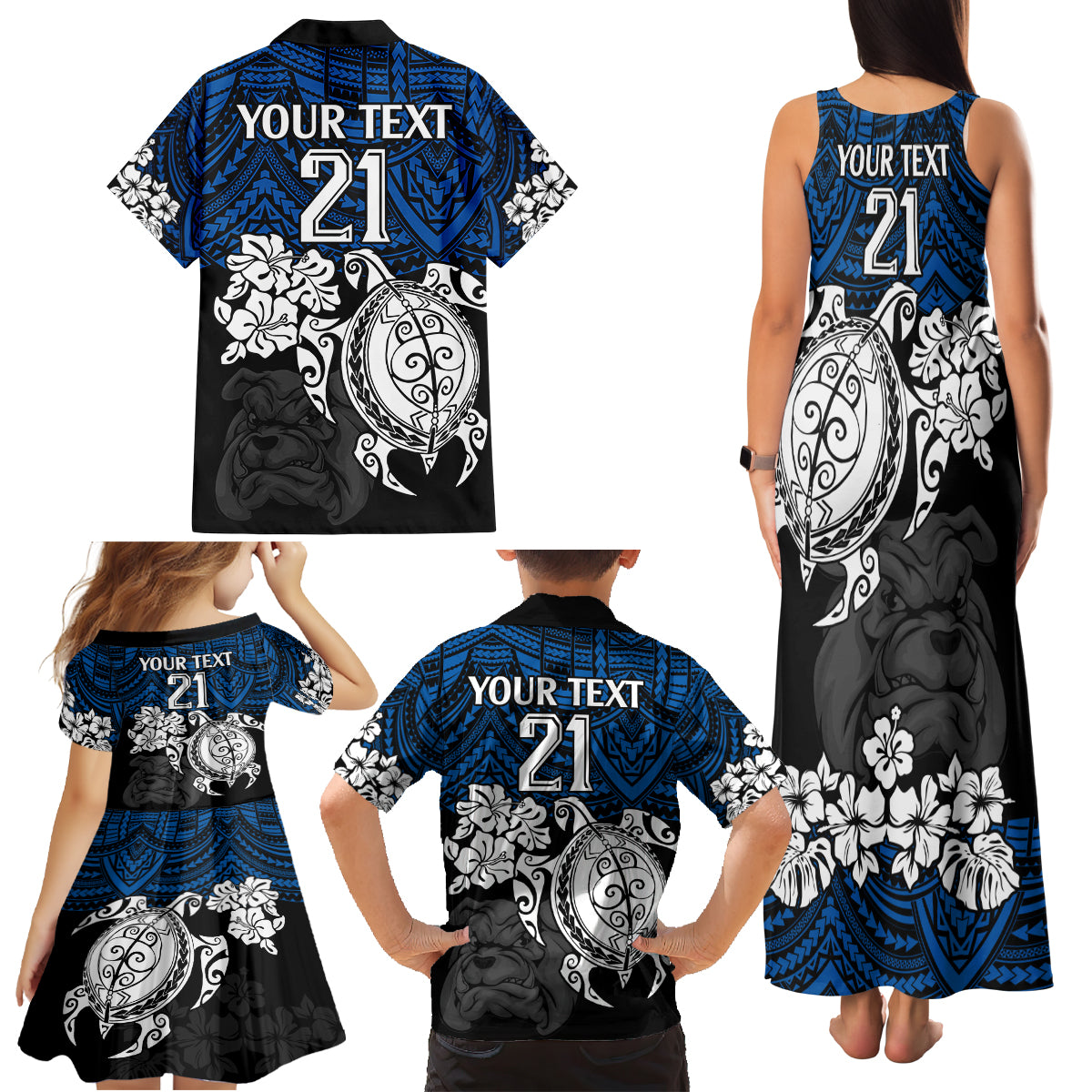 custom-bulldogs-rugby-family-matching-tank-maxi-dress-and-hawaiian-shirt-berries-hibiscus-and-turtle-with-polynesian-pattern