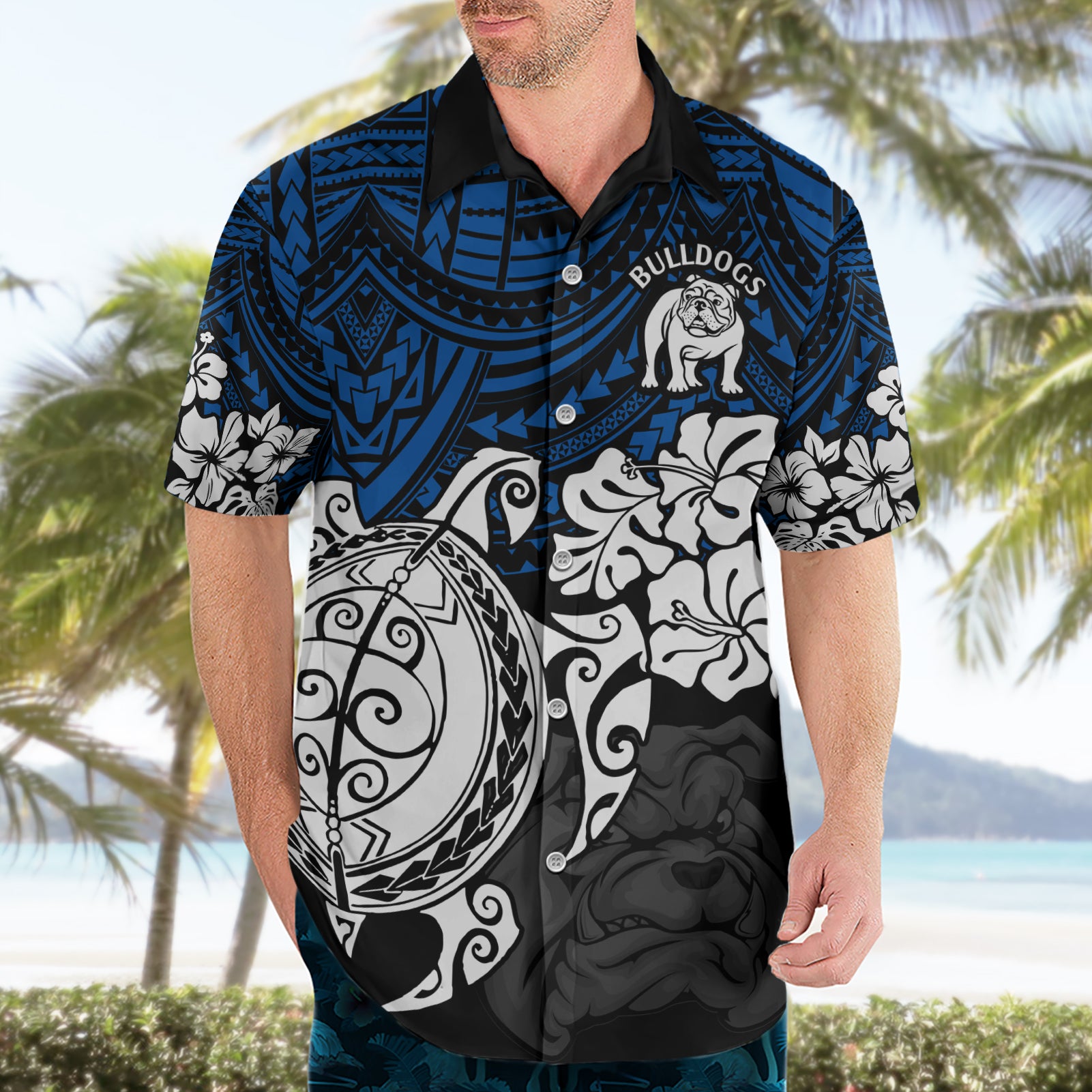 Custom Bulldogs Rugby Hawaiian Shirt Berries Hibiscus and Turtle With Polynesian Pattern - Vibe Hoodie Shop
