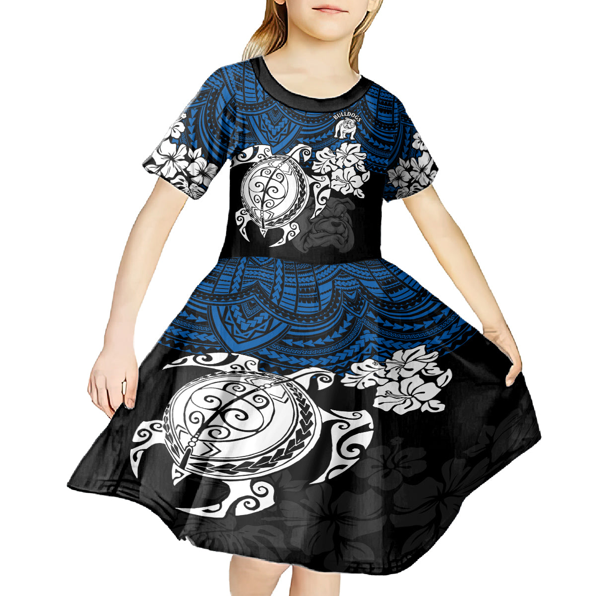 Custom Bulldogs Rugby Kid Short Sleeve Dress Berries Hibiscus and Turtle With Polynesian Pattern - Vibe Hoodie Shop