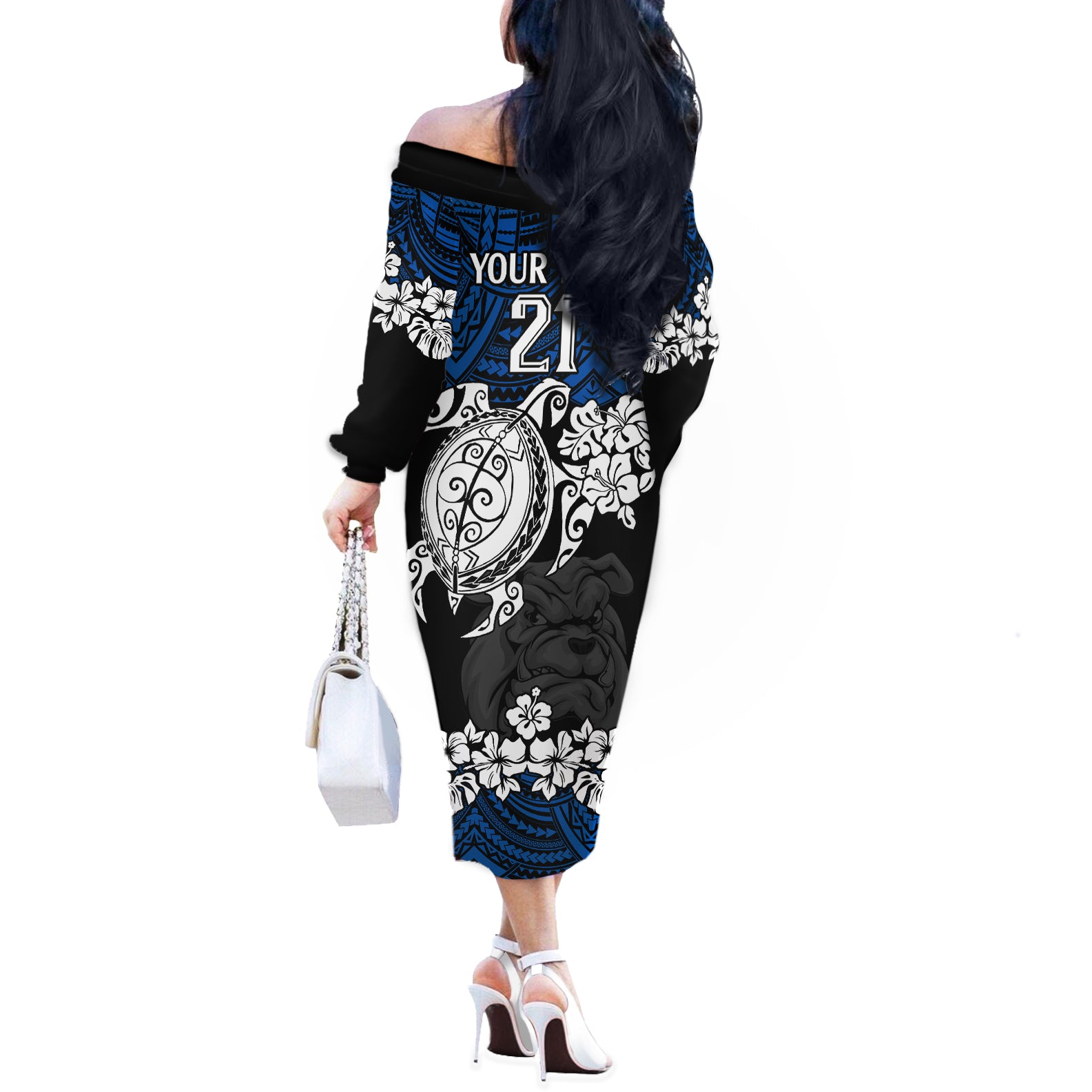 custom-bulldogs-rugby-off-the-shoulder-long-sleeve-dress-berries-hibiscus-and-turtle-with-polynesian-pattern