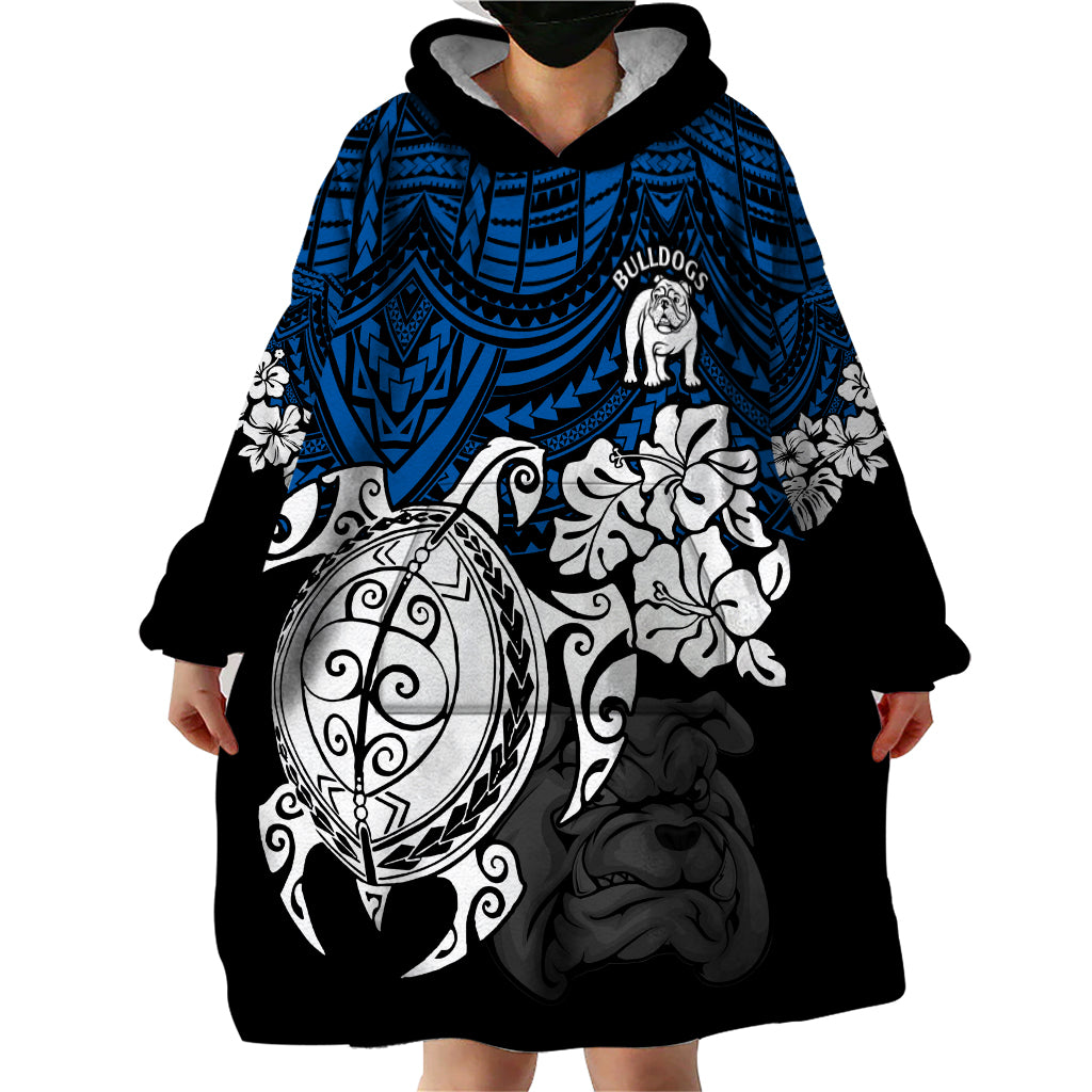 Custom Bulldogs Rugby Wearable Blanket Hoodie Berries Hibiscus and Turtle With Polynesian Pattern - Vibe Hoodie Shop