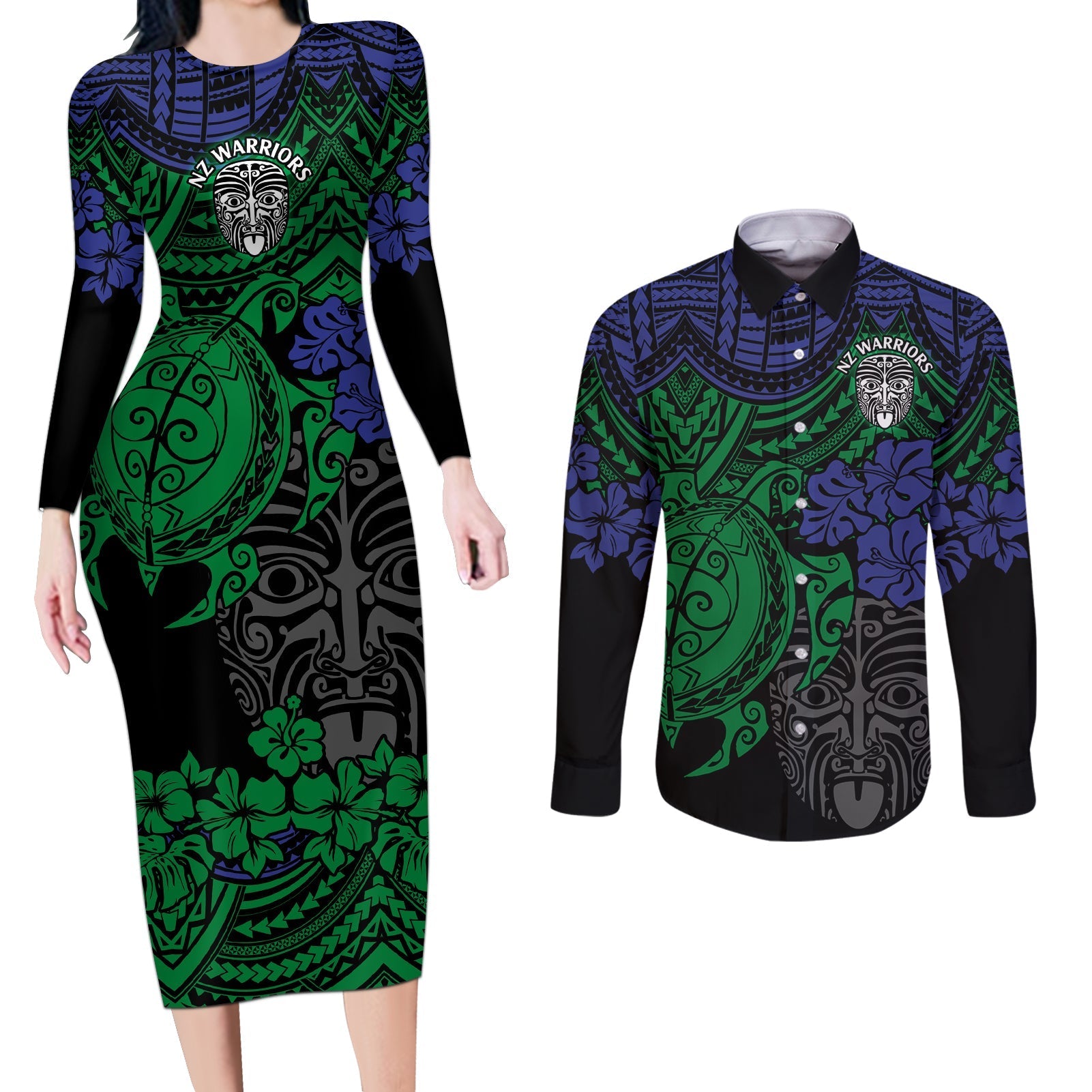 custom-new-zealand-warriors-rugby-couples-matching-long-sleeve-bodycon-dress-and-long-sleeve-button-shirt-hibiscus-and-turtle-with-polynesian-pattern