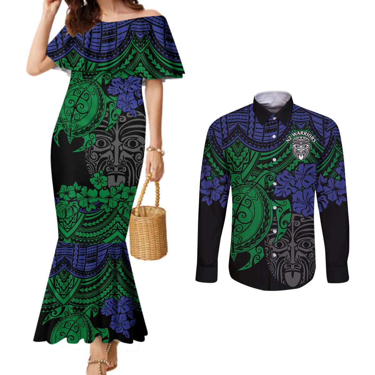 custom-new-zealand-warriors-rugby-couples-matching-mermaid-dress-and-long-sleeve-button-shirt-hibiscus-and-turtle-with-polynesian-pattern