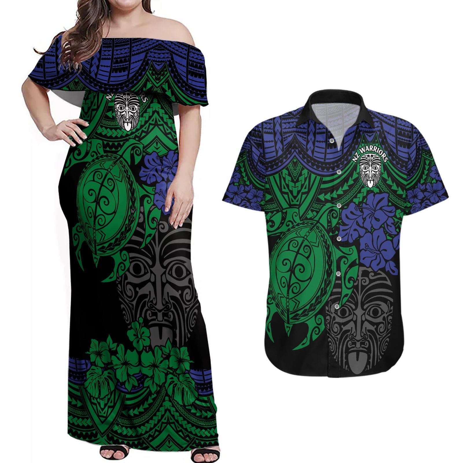 custom-new-zealand-warriors-rugby-couples-matching-off-shoulder-maxi-dress-and-hawaiian-shirt-hibiscus-and-turtle-with-polynesian-pattern