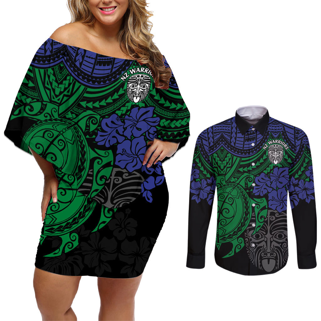 custom-new-zealand-warriors-rugby-couples-matching-off-shoulder-short-dress-and-long-sleeve-button-shirt-hibiscus-and-turtle-with-polynesian-pattern