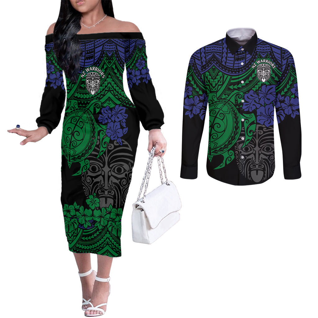 custom-new-zealand-warriors-rugby-couples-matching-off-the-shoulder-long-sleeve-dress-and-long-sleeve-button-shirt-hibiscus-and-turtle-with-polynesian-pattern
