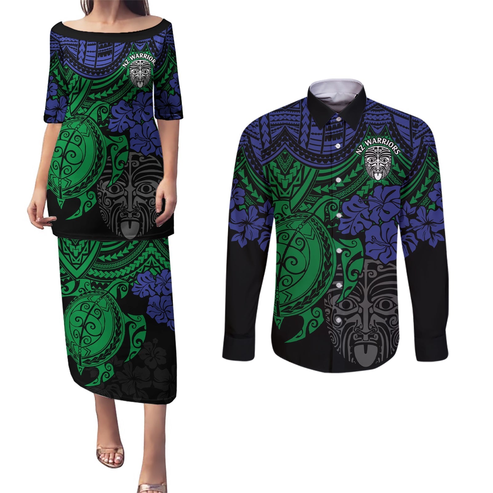 custom-new-zealand-warriors-rugby-couples-matching-puletasi-dress-and-long-sleeve-button-shirt-hibiscus-and-turtle-with-polynesian-pattern