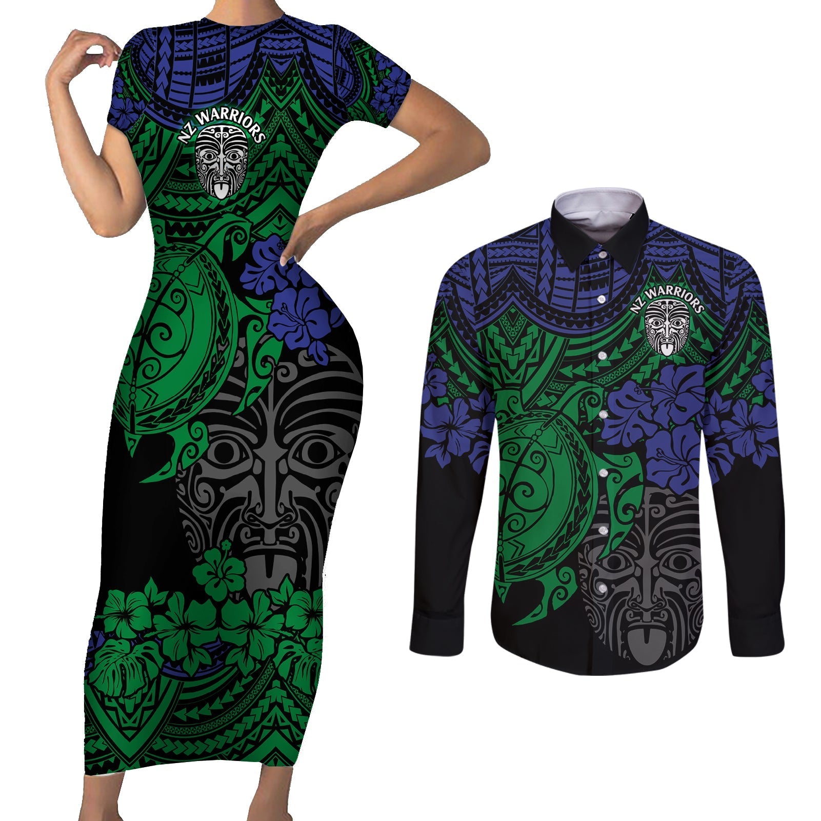 custom-new-zealand-warriors-rugby-couples-matching-short-sleeve-bodycon-dress-and-long-sleeve-button-shirt-hibiscus-and-turtle-with-polynesian-pattern