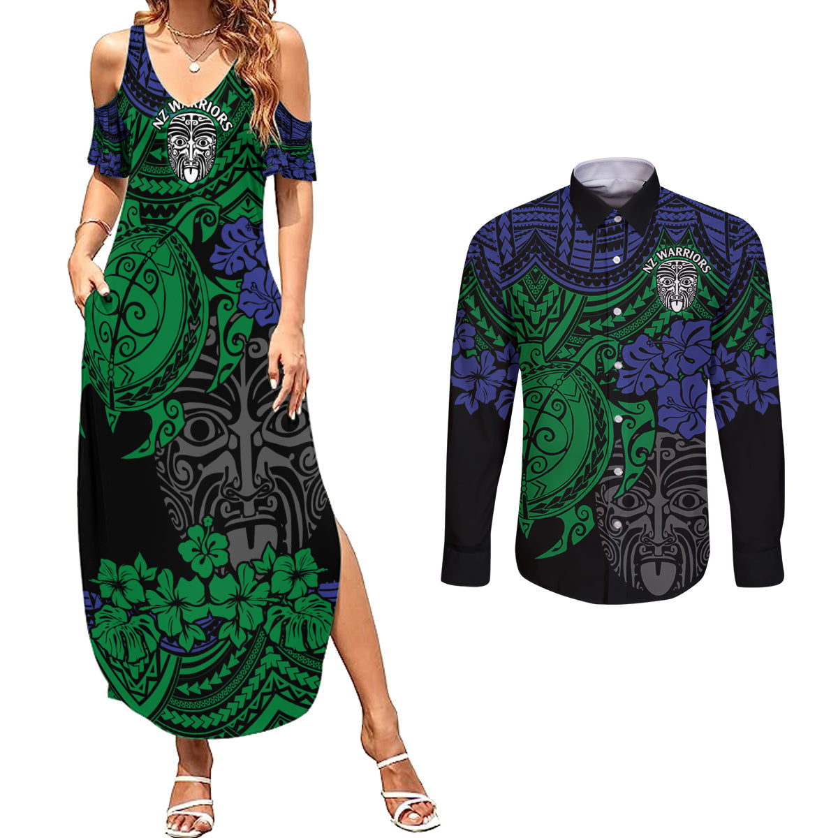 custom-new-zealand-warriors-rugby-couples-matching-summer-maxi-dress-and-long-sleeve-button-shirt-hibiscus-and-turtle-with-polynesian-pattern