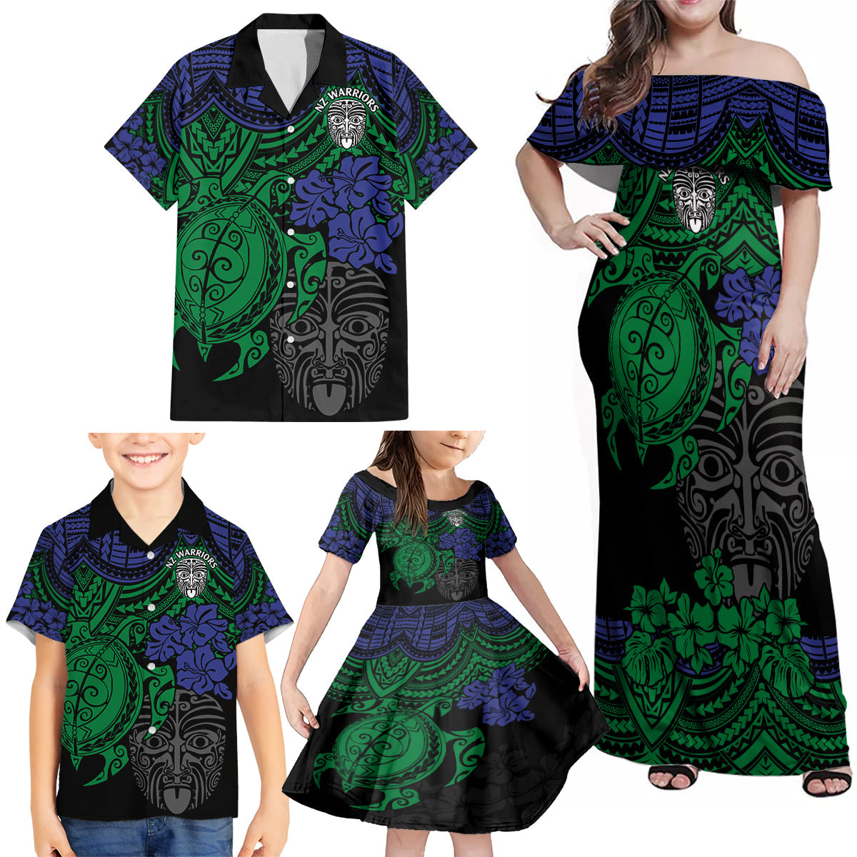 custom-new-zealand-warriors-rugby-family-matching-off-shoulder-maxi-dress-and-hawaiian-shirt-hibiscus-and-turtle-with-polynesian-pattern