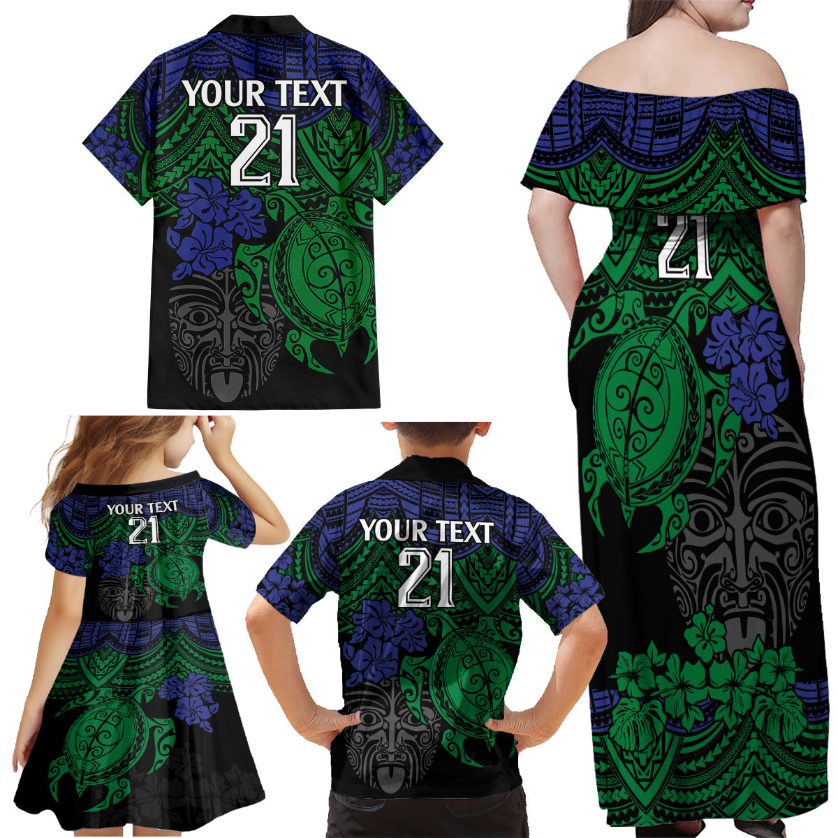 custom-new-zealand-warriors-rugby-family-matching-off-shoulder-maxi-dress-and-hawaiian-shirt-hibiscus-and-turtle-with-polynesian-pattern
