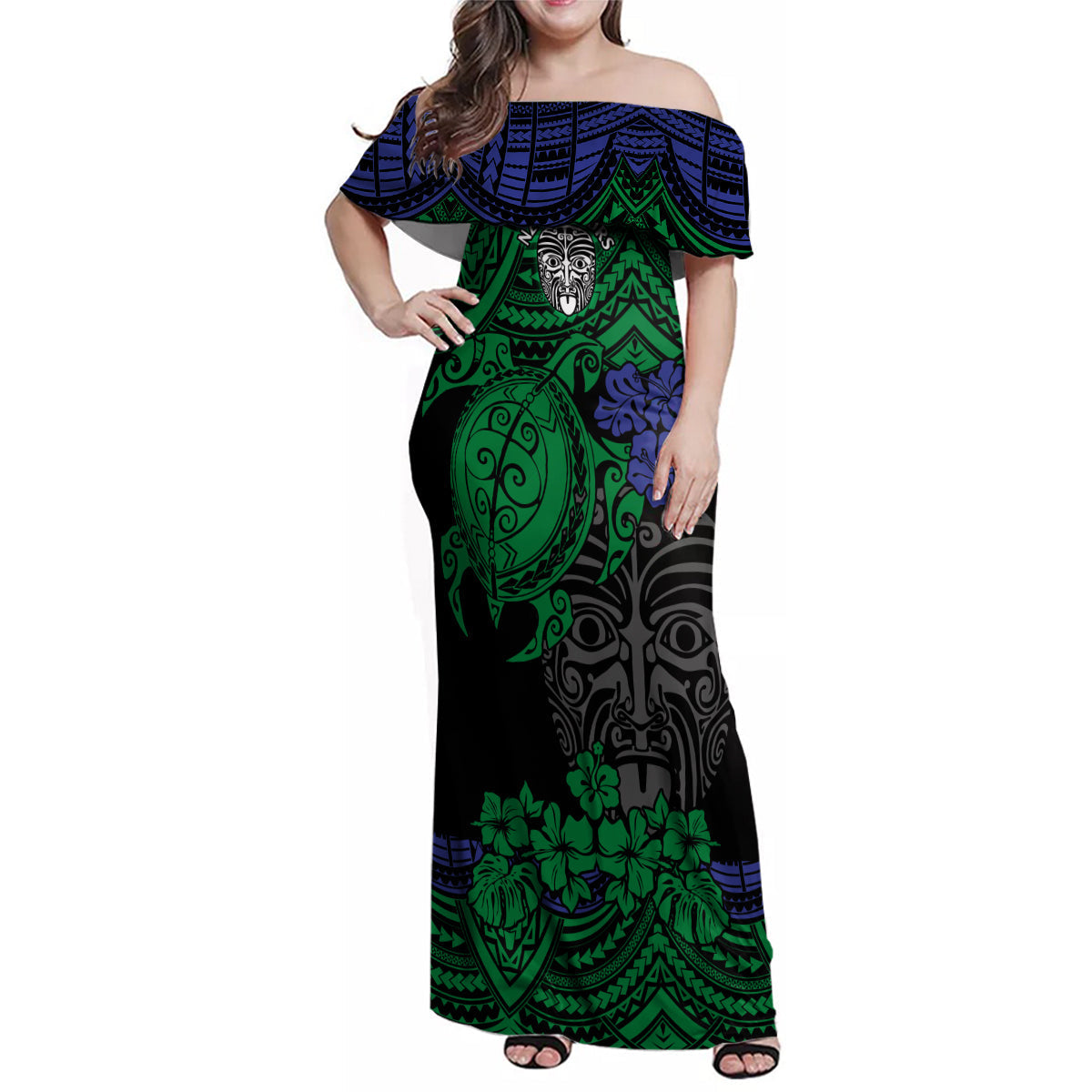 custom-new-zealand-warriors-rugby-family-matching-off-shoulder-maxi-dress-and-hawaiian-shirt-hibiscus-and-turtle-with-polynesian-pattern