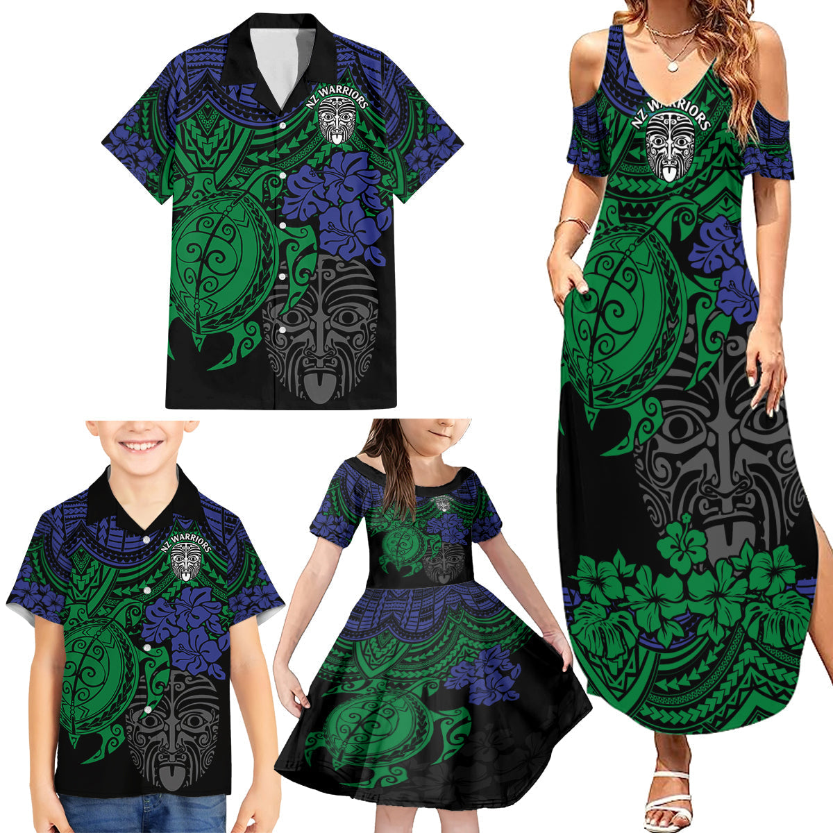custom-new-zealand-warriors-rugby-family-matching-summer-maxi-dress-and-hawaiian-shirt-hibiscus-and-turtle-with-polynesian-pattern