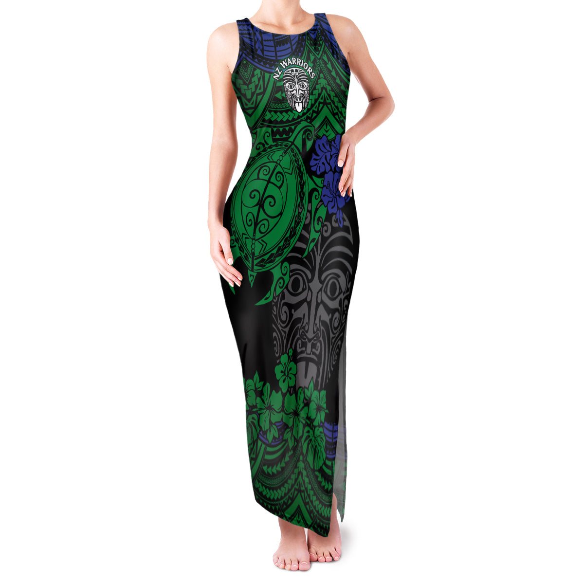 custom-new-zealand-warriors-rugby-family-matching-tank-maxi-dress-and-hawaiian-shirt-hibiscus-and-turtle-with-polynesian-pattern