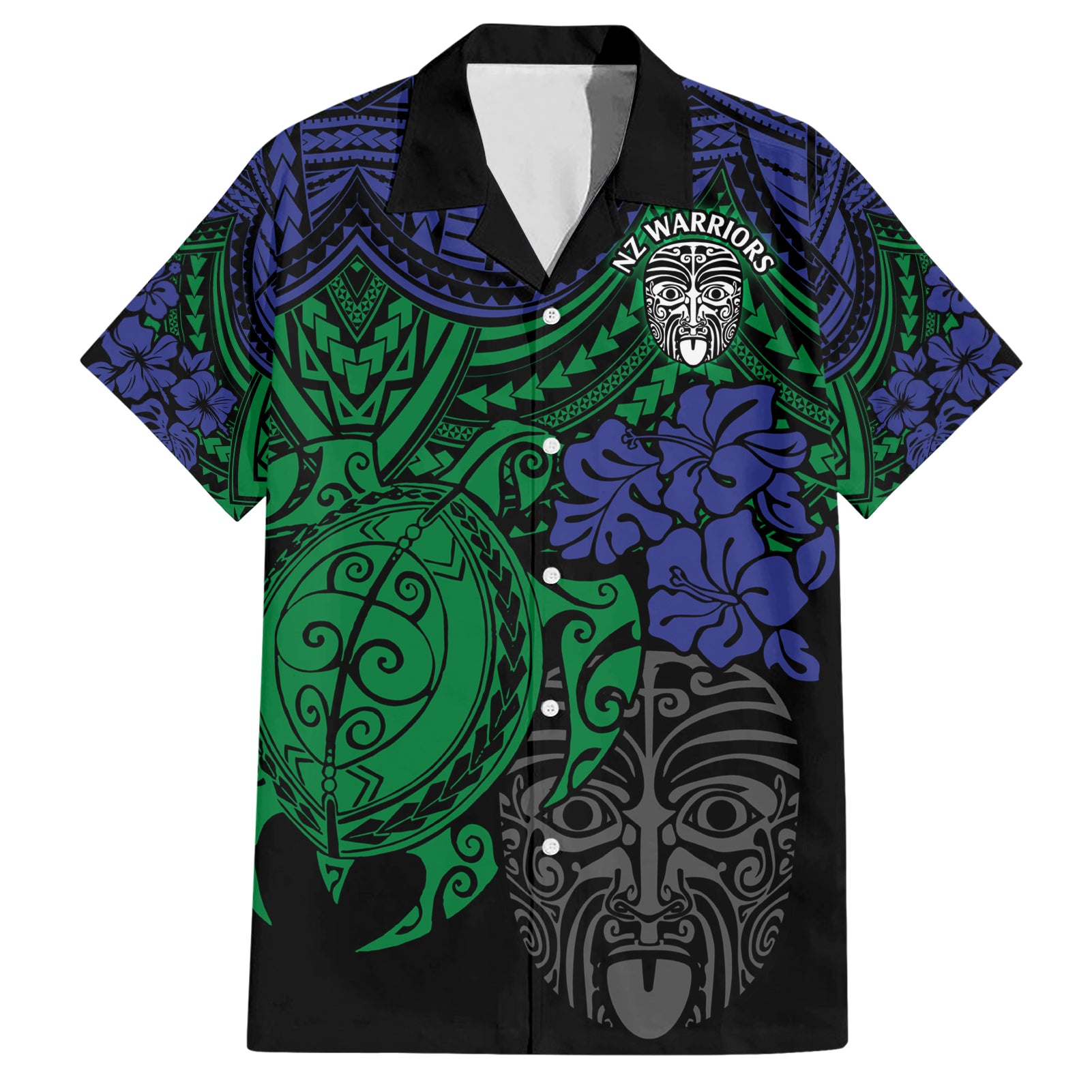 Custom New Zealand Warriors Rugby Hawaiian Shirt Hibiscus and Turtle With Polynesian Pattern - Vibe Hoodie Shop