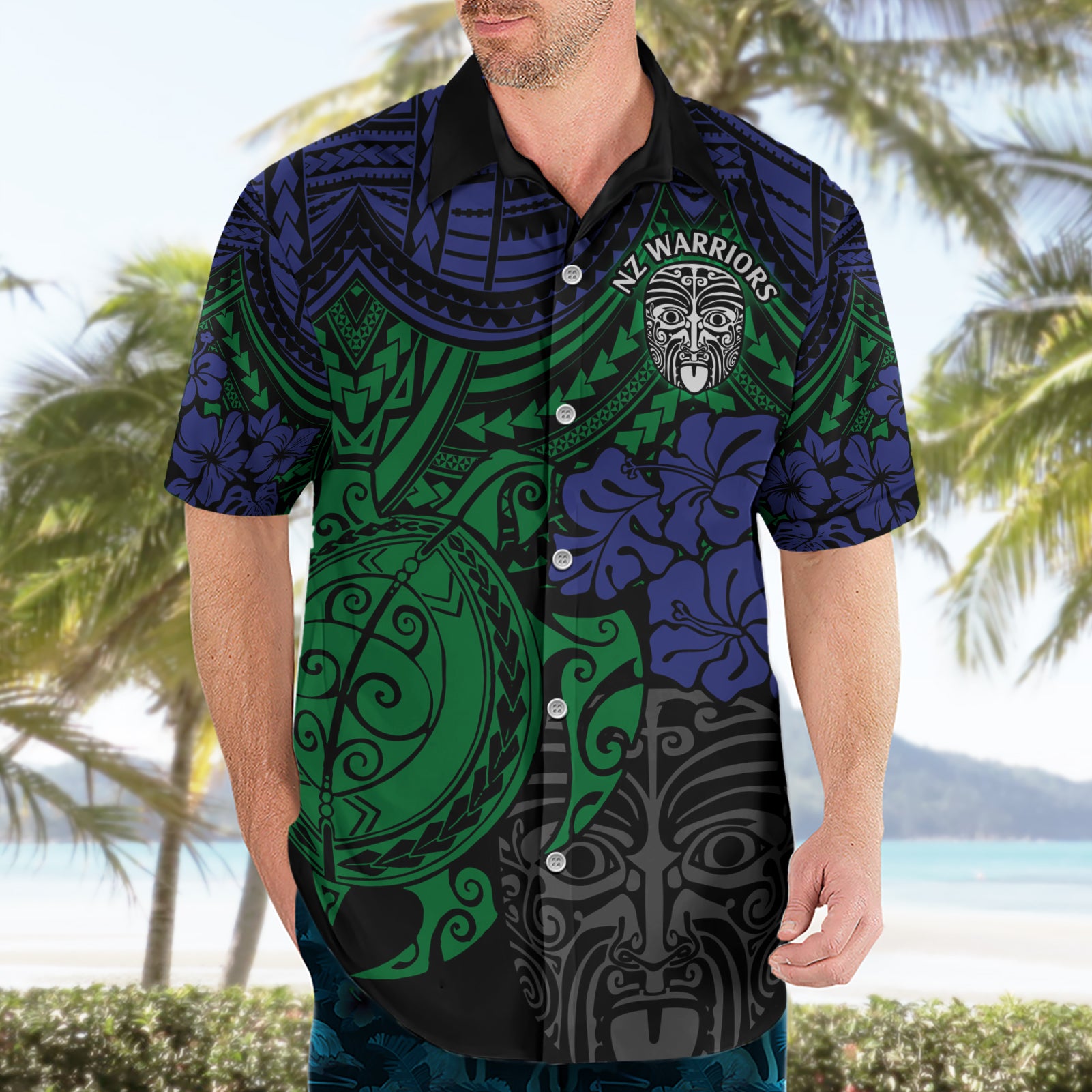 Custom New Zealand Warriors Rugby Hawaiian Shirt Hibiscus and Turtle With Polynesian Pattern - Vibe Hoodie Shop