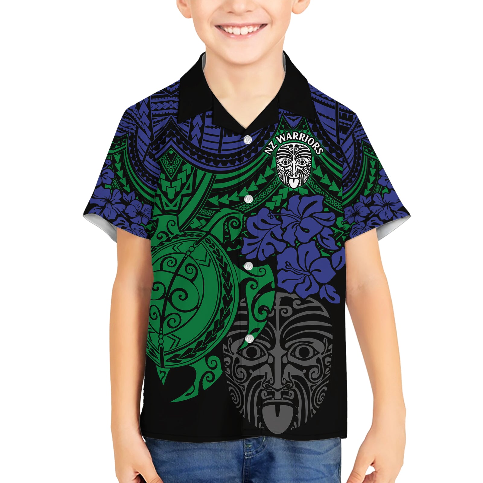 Custom New Zealand Warriors Rugby Hawaiian Shirt Hibiscus and Turtle With Polynesian Pattern - Vibe Hoodie Shop