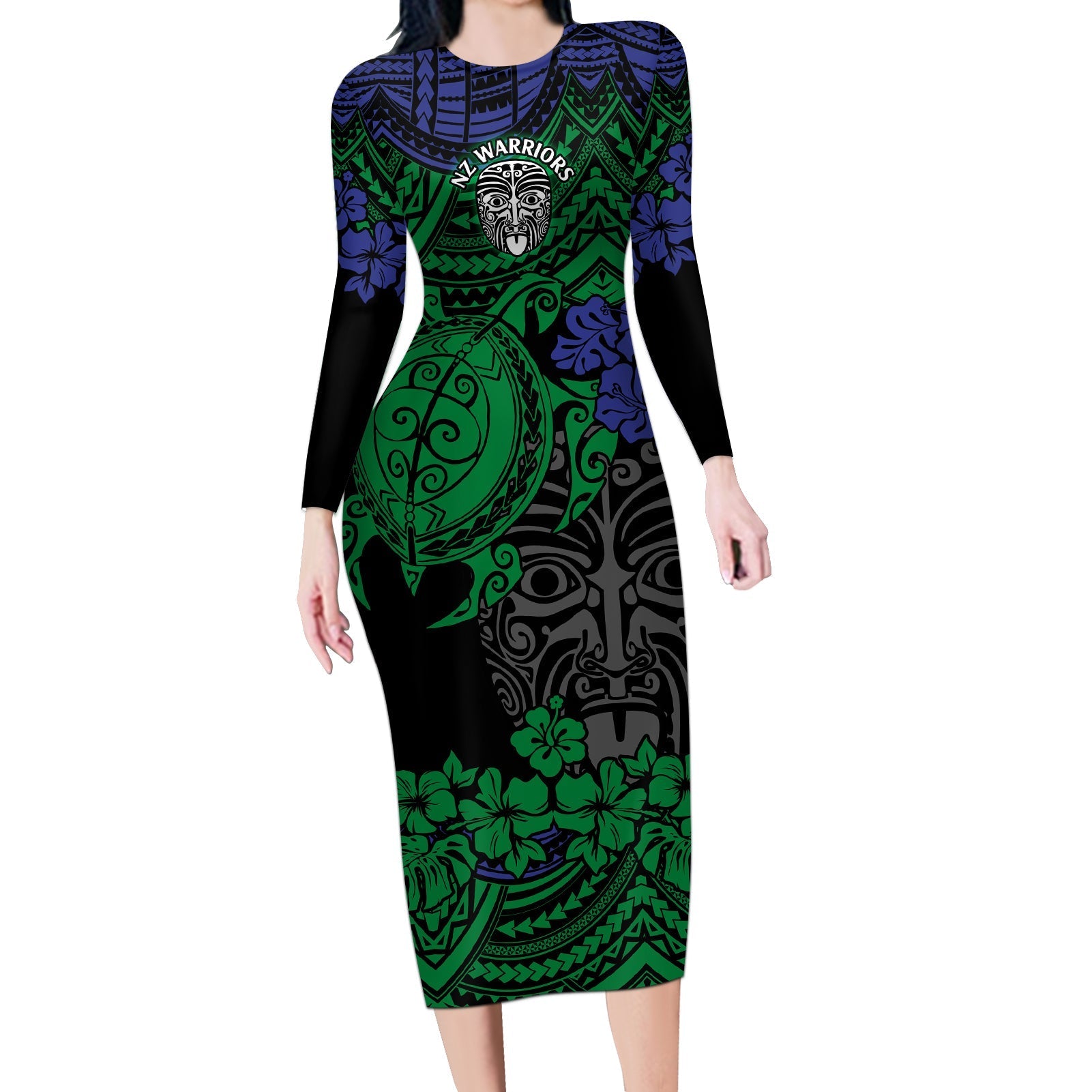 custom-new-zealand-warriors-rugby-long-sleeve-bodycon-dress-hibiscus-and-turtle-with-polynesian-pattern