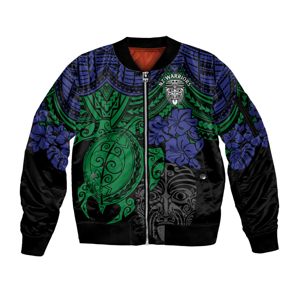 custom-new-zealand-warriors-rugby-sleeve-zip-bomber-jacket-hibiscus-and-turtle-with-polynesian-pattern