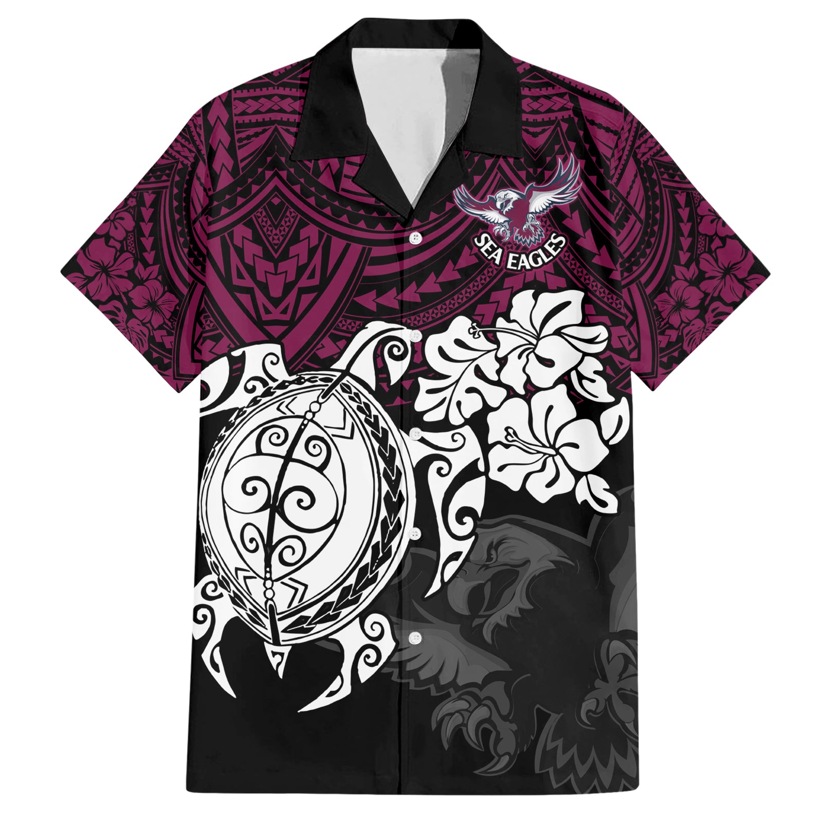 Custom Sea Eagles Rugby Hawaiian Shirt Silvertails Hibiscus and Turtle With Polynesian Pattern - Vibe Hoodie Shop