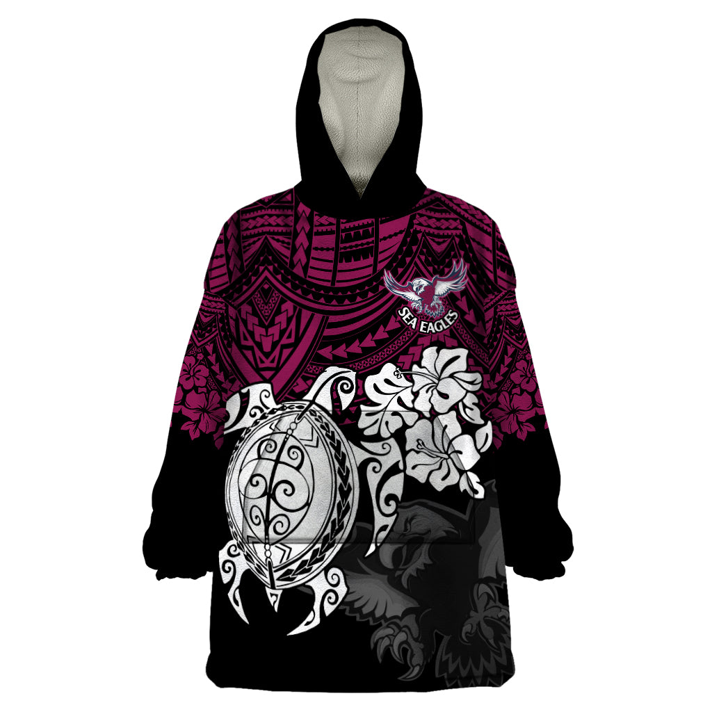 Custom Sea Eagles Rugby Wearable Blanket Hoodie Silvertails Hibiscus and Turtle With Polynesian Pattern - Vibe Hoodie Shop