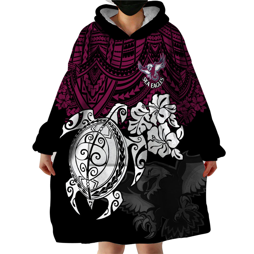 Custom Sea Eagles Rugby Wearable Blanket Hoodie Silvertails Hibiscus and Turtle With Polynesian Pattern - Vibe Hoodie Shop