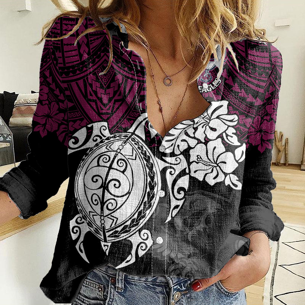 Custom Sea Eagles Rugby Women Casual Shirt Silvertails Hibiscus and Turtle With Polynesian Pattern - Vibe Hoodie Shop