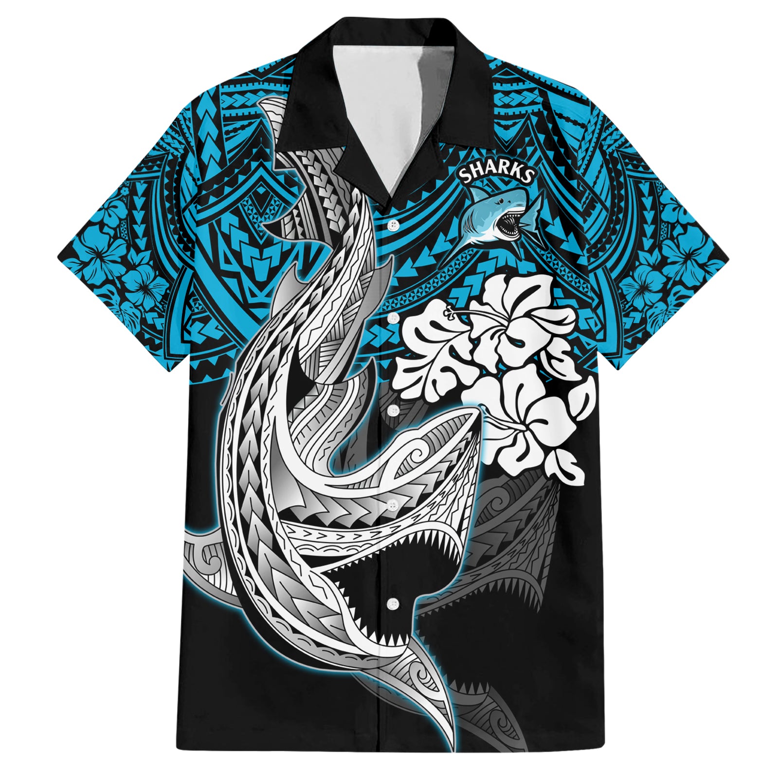 Custom Sharks Rugby Hawaiian Shirt Hibiscus and Sharkies Tattoo With Polynesian Pattern - Vibe Hoodie Shop