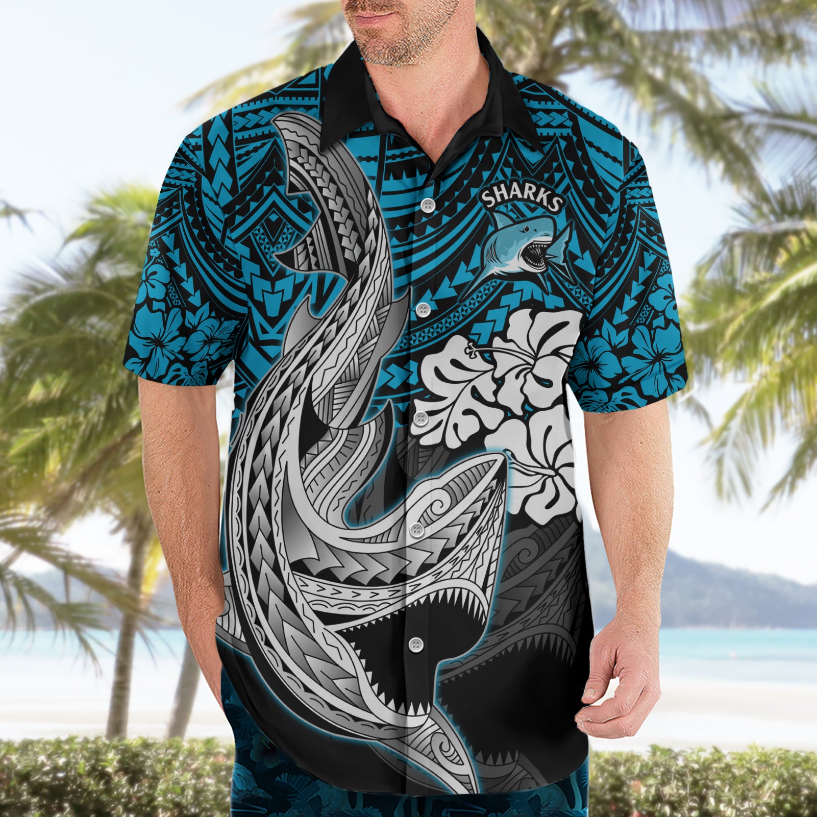 Custom Sharks Rugby Hawaiian Shirt Hibiscus and Sharkies Tattoo With Polynesian Pattern - Vibe Hoodie Shop