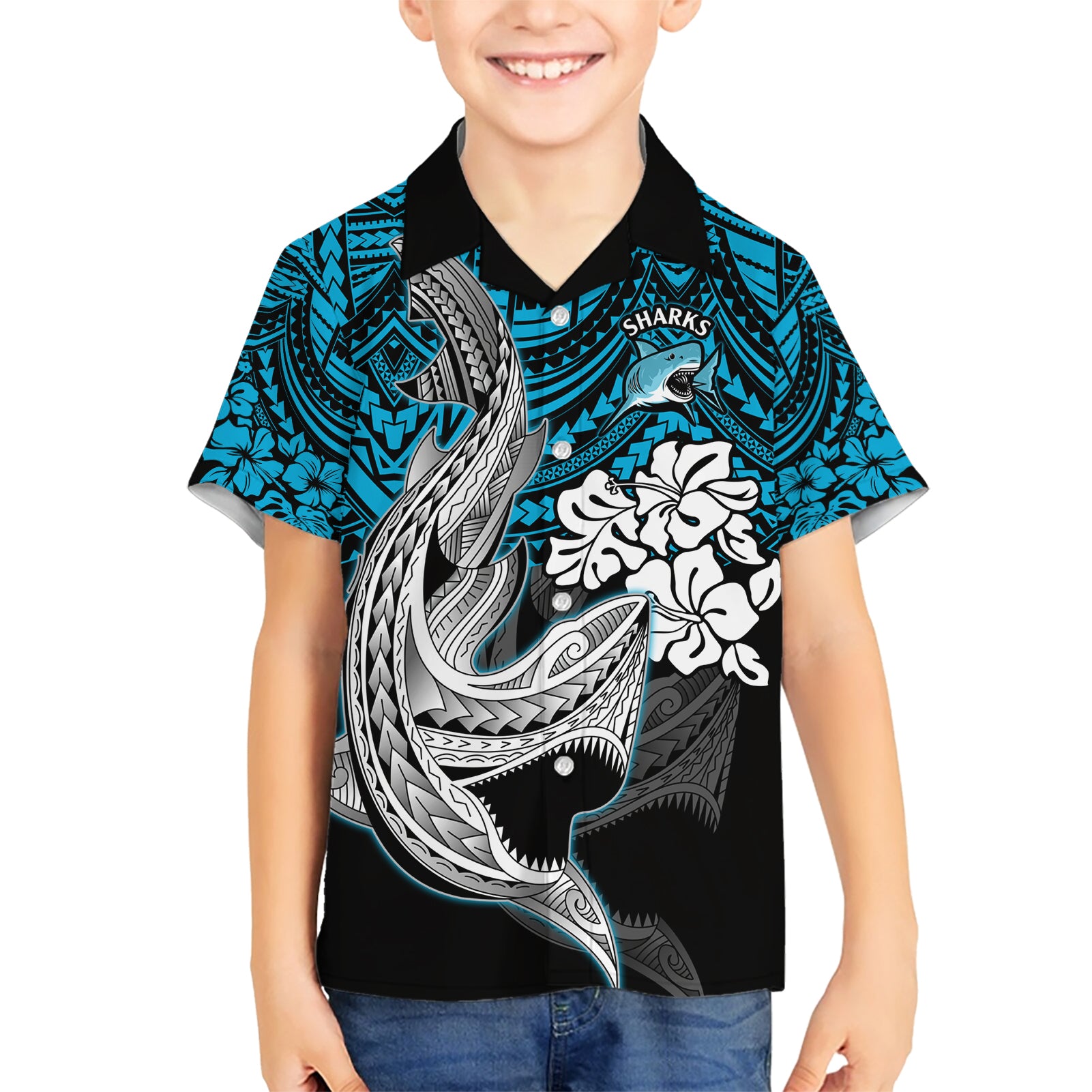 Custom Sharks Rugby Hawaiian Shirt Hibiscus and Sharkies Tattoo With Polynesian Pattern - Vibe Hoodie Shop