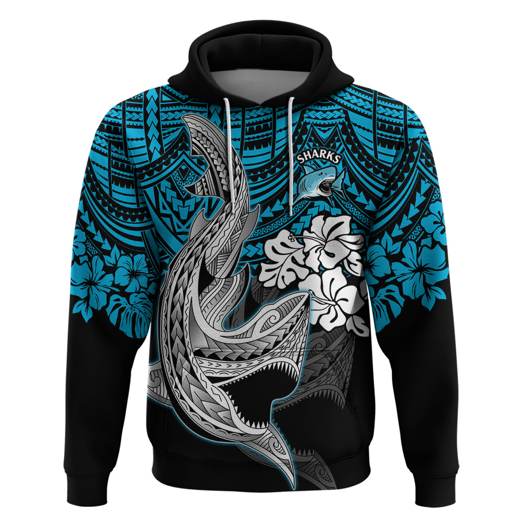 Custom Sharks Rugby Hoodie Hibiscus and Sharkies Tattoo With Polynesian Pattern LT9 - Vibe Hoodie Shop