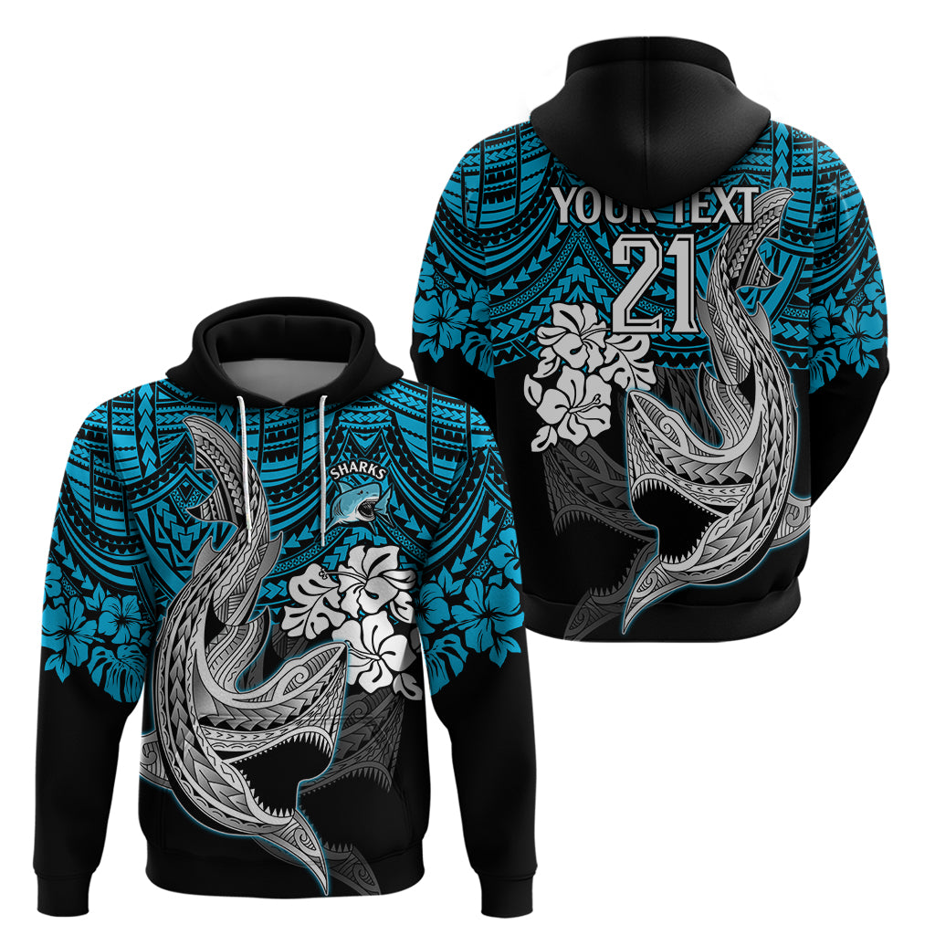 Custom Sharks Rugby Hoodie Hibiscus and Sharkies Tattoo With Polynesian Pattern LT9 - Vibe Hoodie Shop