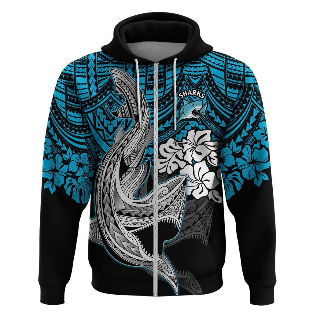 Custom Sharks Rugby Hoodie Hibiscus and Sharkies Tattoo With Polynesian Pattern LT9 - Vibe Hoodie Shop