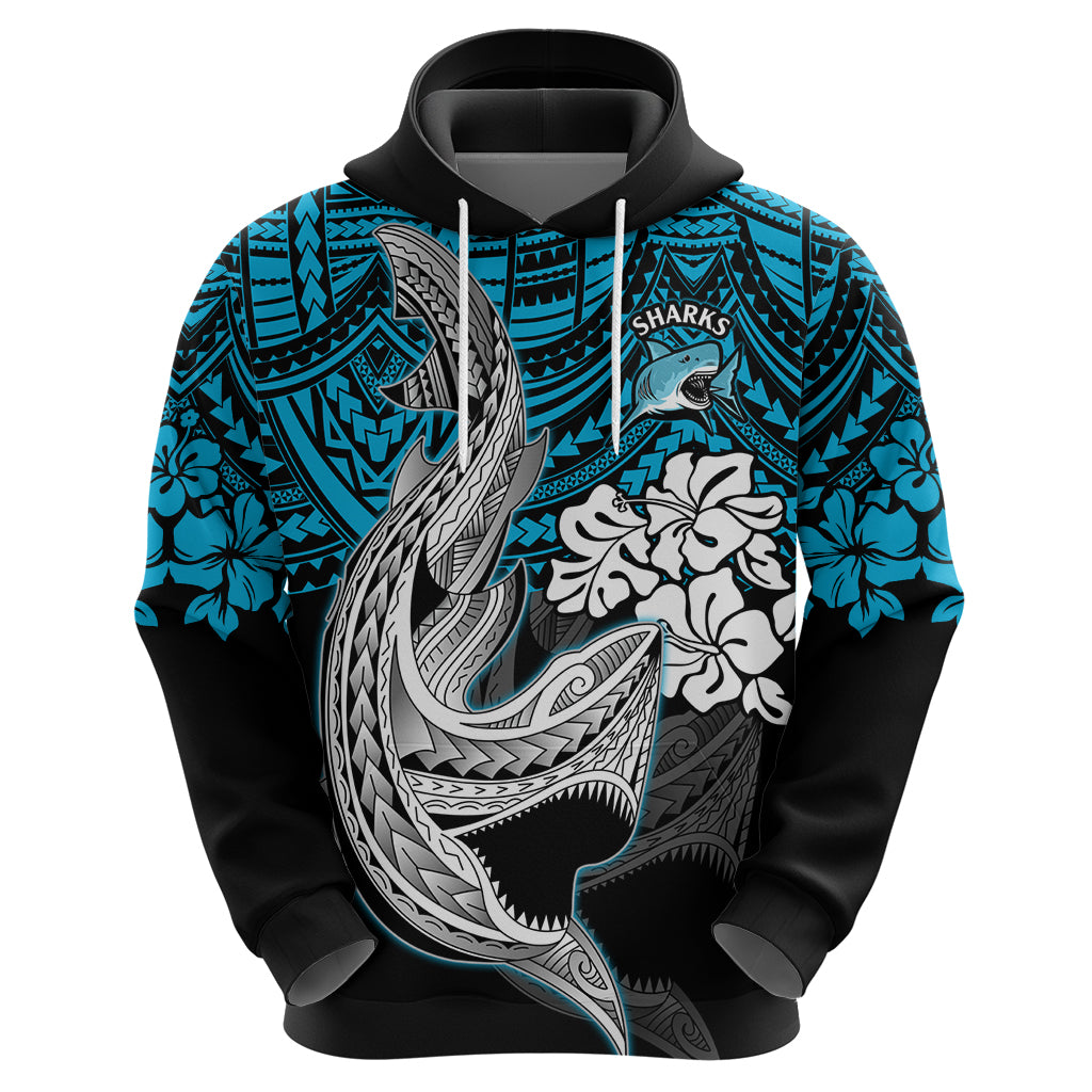 Custom Sharks Rugby Hoodie Hibiscus and Sharkies Tattoo With Polynesian Pattern LT9 - Vibe Hoodie Shop