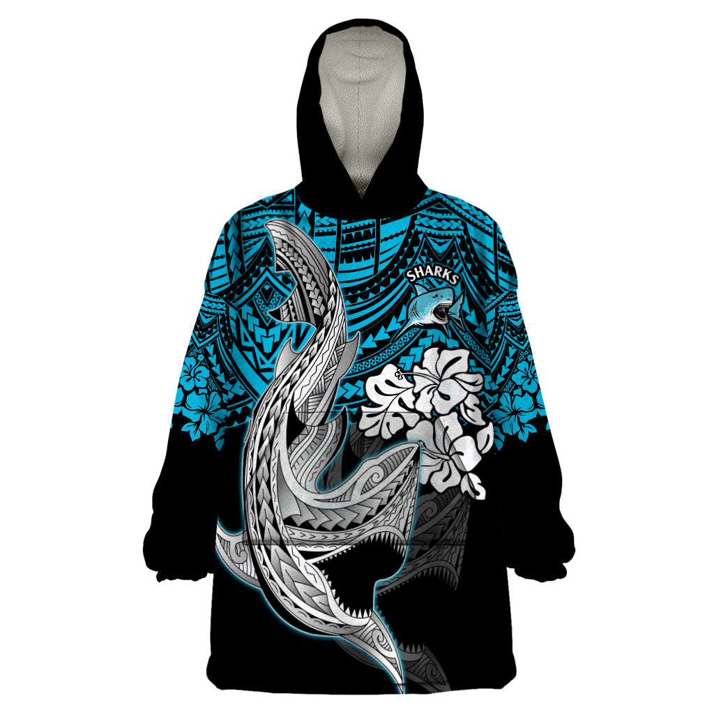 Custom Sharks Rugby Wearable Blanket Hoodie Hibiscus and Sharkies Tattoo With Polynesian Pattern - Vibe Hoodie Shop