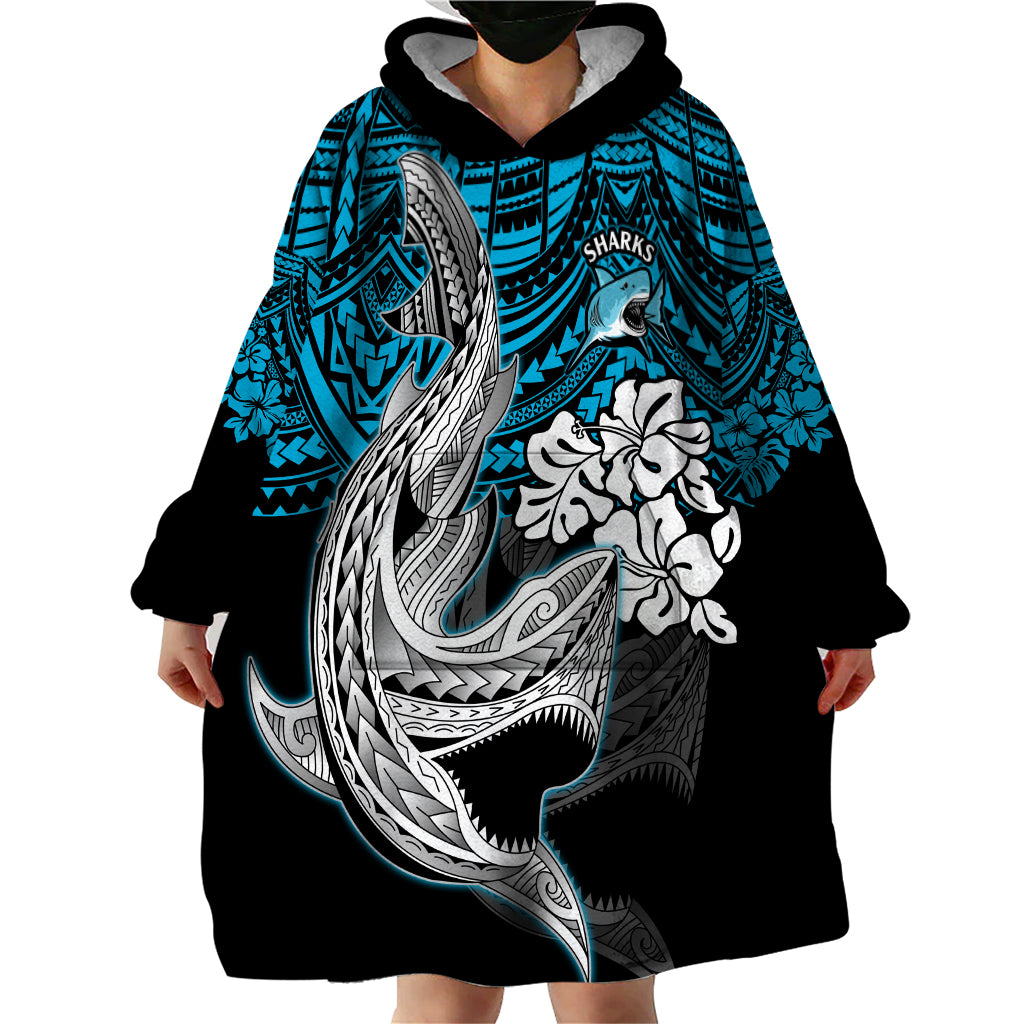 Custom Sharks Rugby Wearable Blanket Hoodie Hibiscus and Sharkies Tattoo With Polynesian Pattern - Vibe Hoodie Shop