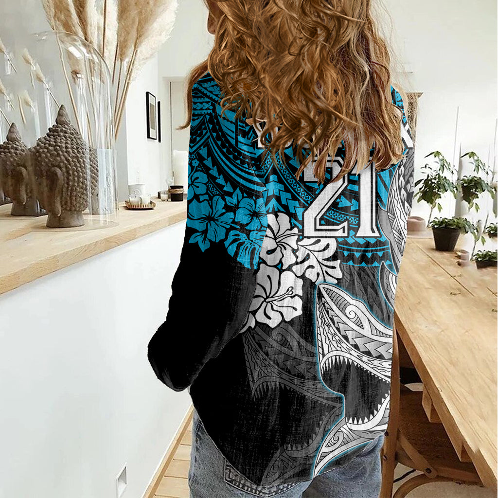 Custom Sharks Rugby Women Casual Shirt Hibiscus and Sharkies Tattoo With Polynesian Pattern - Vibe Hoodie Shop
