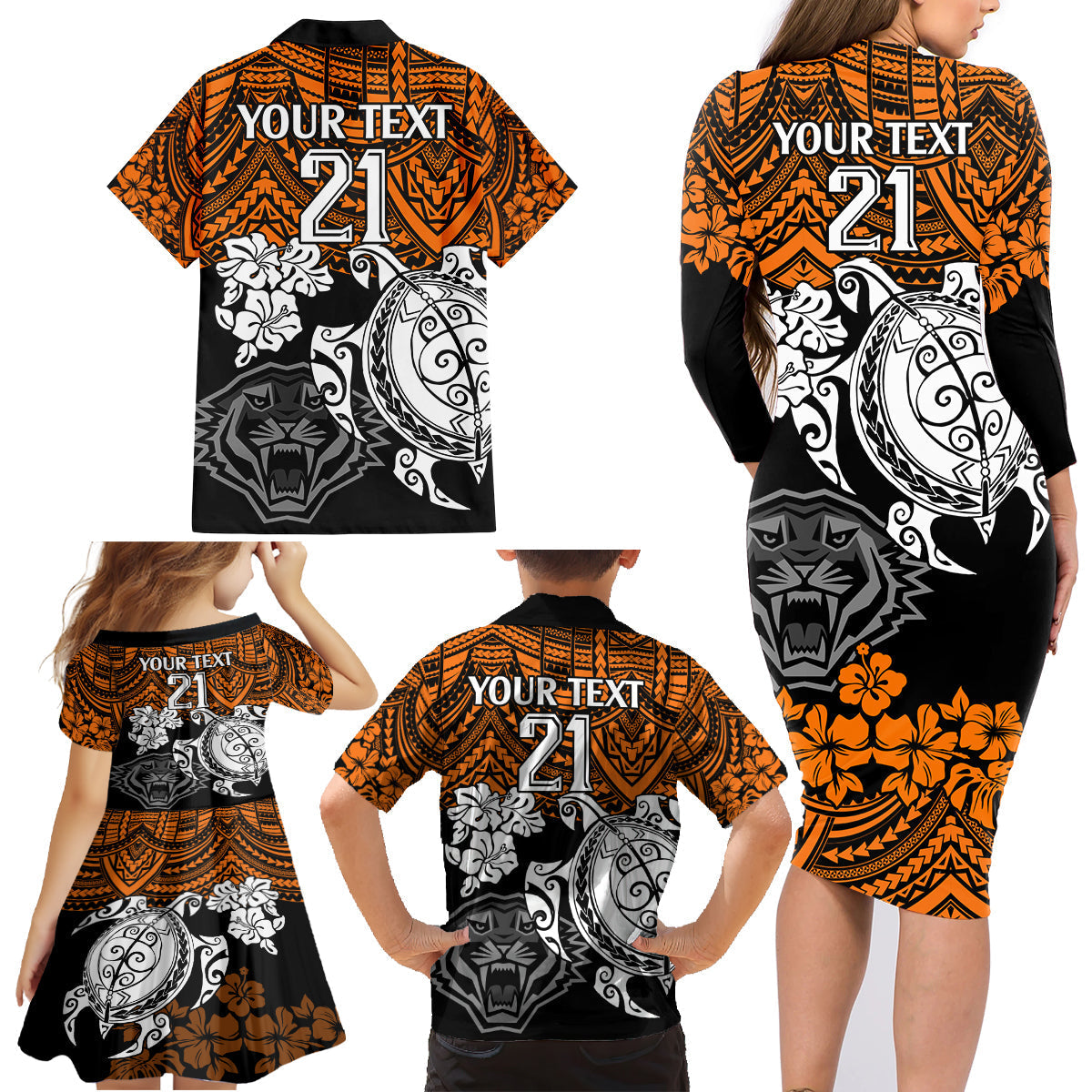 custom-wests-tigers-rugby-family-matching-long-sleeve-bodycon-dress-and-hawaiian-shirt-hibiscus-and-turtle-with-polynesian-pattern