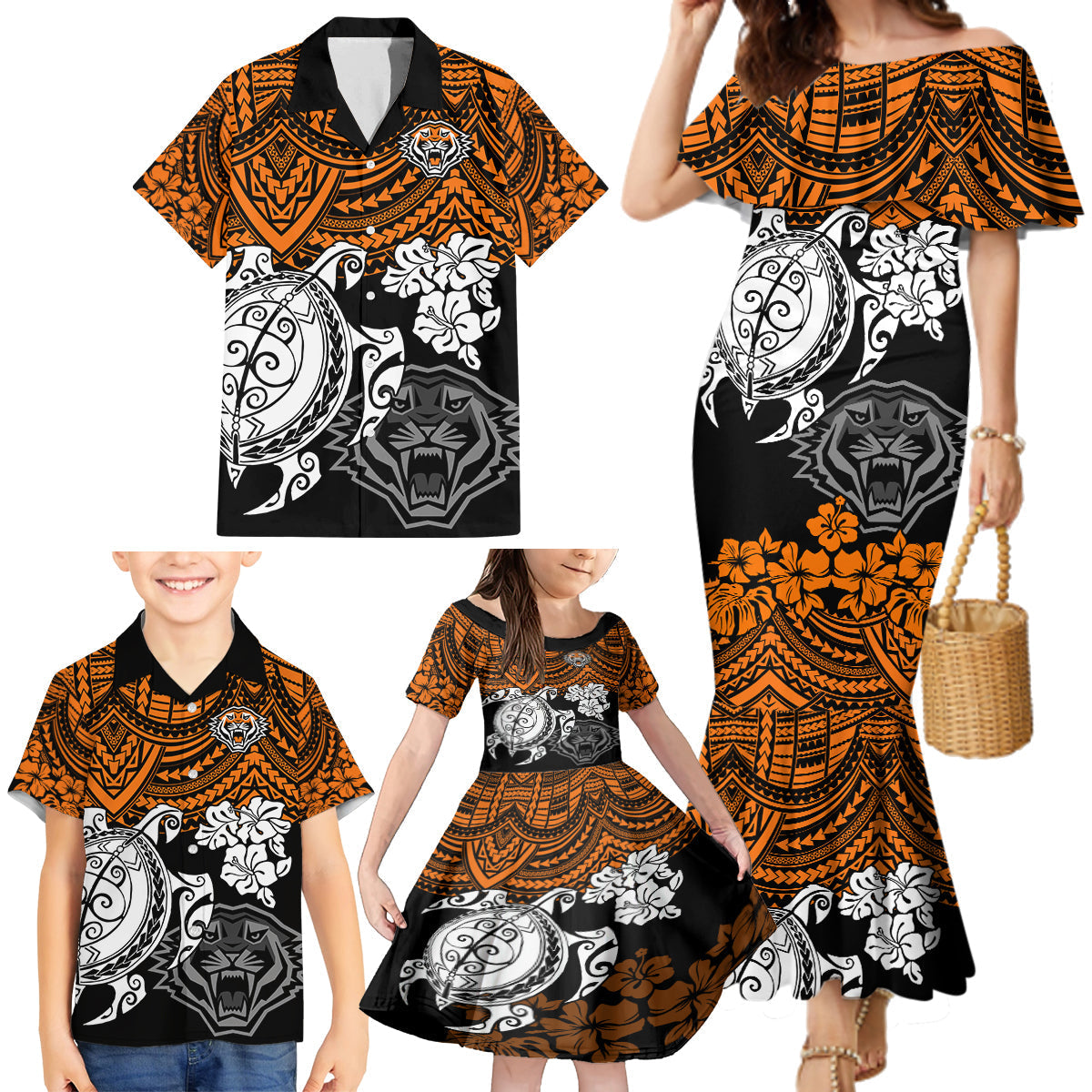 custom-wests-tigers-rugby-family-matching-mermaid-dress-and-hawaiian-shirt-hibiscus-and-turtle-with-polynesian-pattern