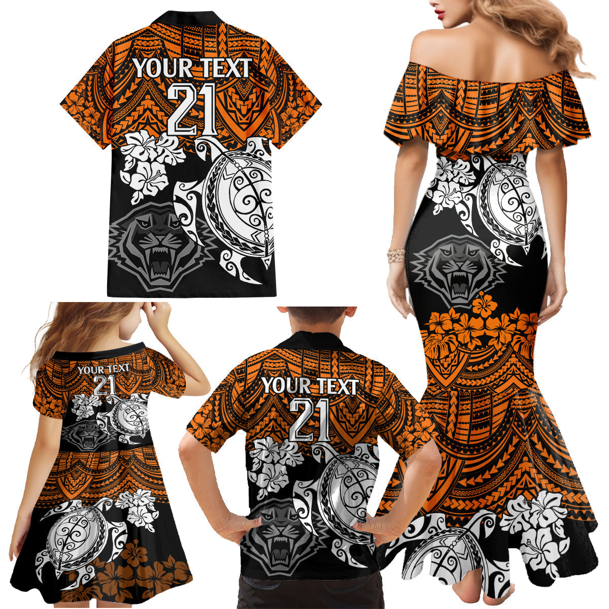 custom-wests-tigers-rugby-family-matching-mermaid-dress-and-hawaiian-shirt-hibiscus-and-turtle-with-polynesian-pattern