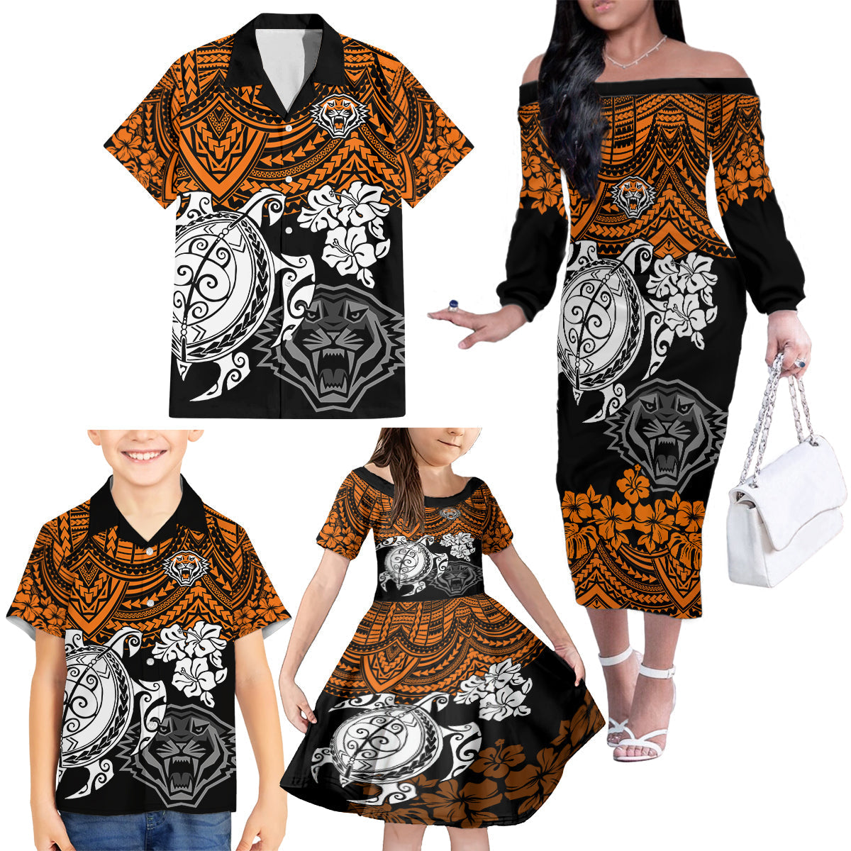 custom-wests-tigers-rugby-family-matching-off-shoulder-long-sleeve-dress-and-hawaiian-shirt-hibiscus-and-turtle-with-polynesian-pattern