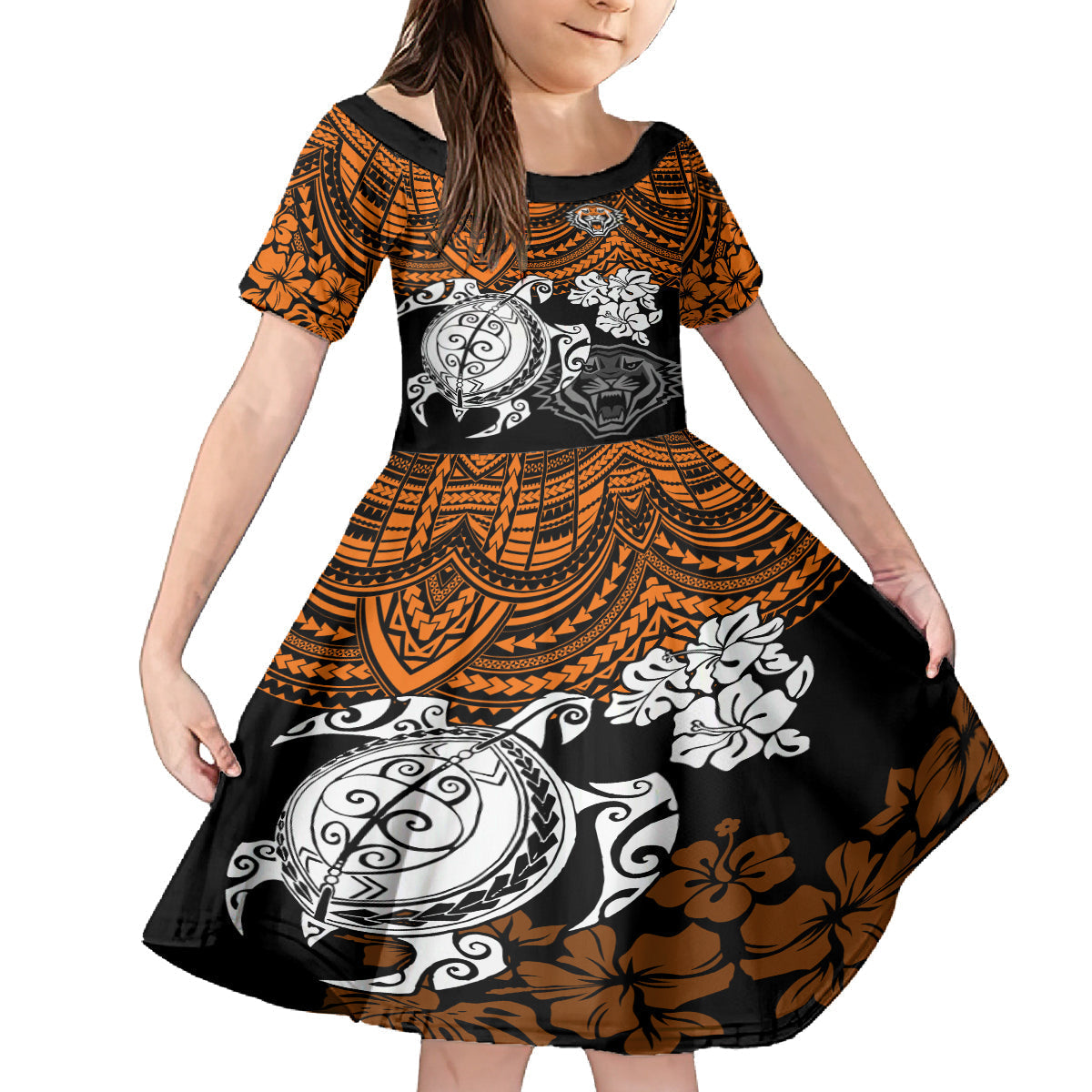 custom-wests-tigers-rugby-family-matching-off-shoulder-long-sleeve-dress-and-hawaiian-shirt-hibiscus-and-turtle-with-polynesian-pattern