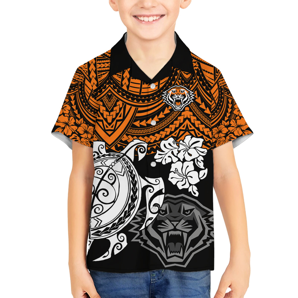 custom-wests-tigers-rugby-family-matching-off-shoulder-long-sleeve-dress-and-hawaiian-shirt-hibiscus-and-turtle-with-polynesian-pattern