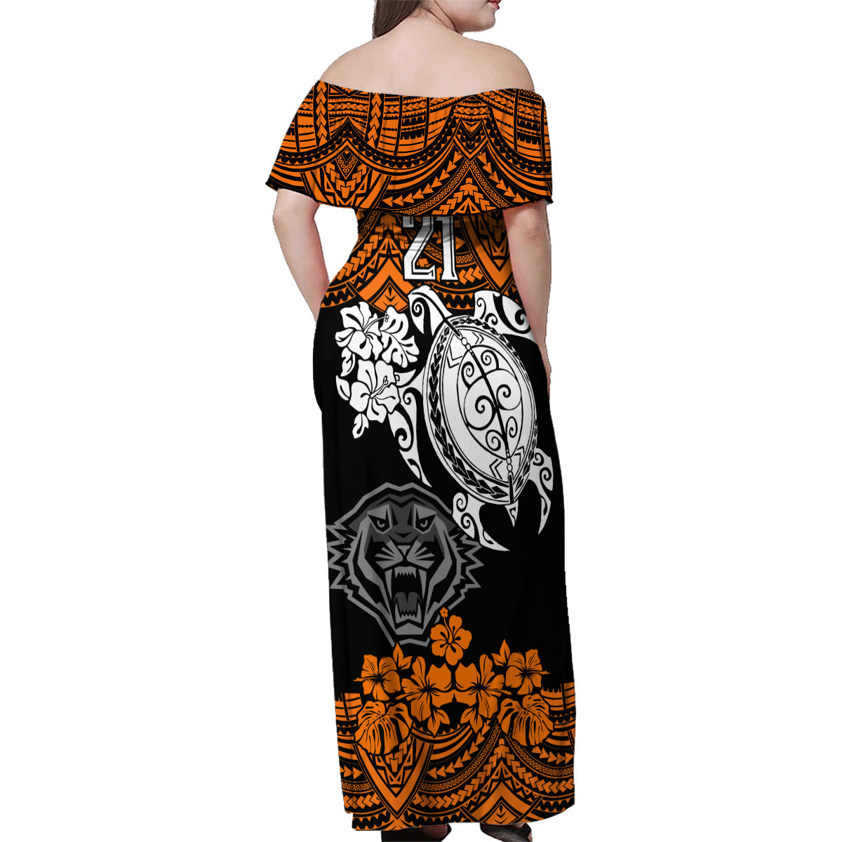 custom-wests-tigers-rugby-family-matching-off-shoulder-maxi-dress-and-hawaiian-shirt-hibiscus-and-turtle-with-polynesian-pattern