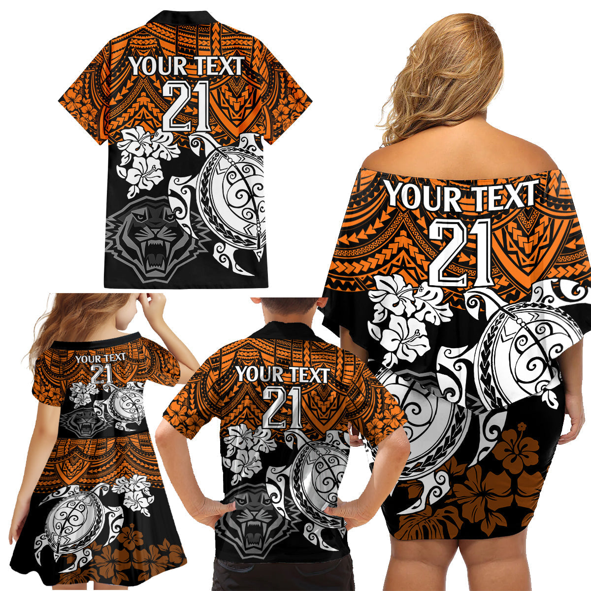 custom-wests-tigers-rugby-family-matching-off-shoulder-short-dress-and-hawaiian-shirt-hibiscus-and-turtle-with-polynesian-pattern